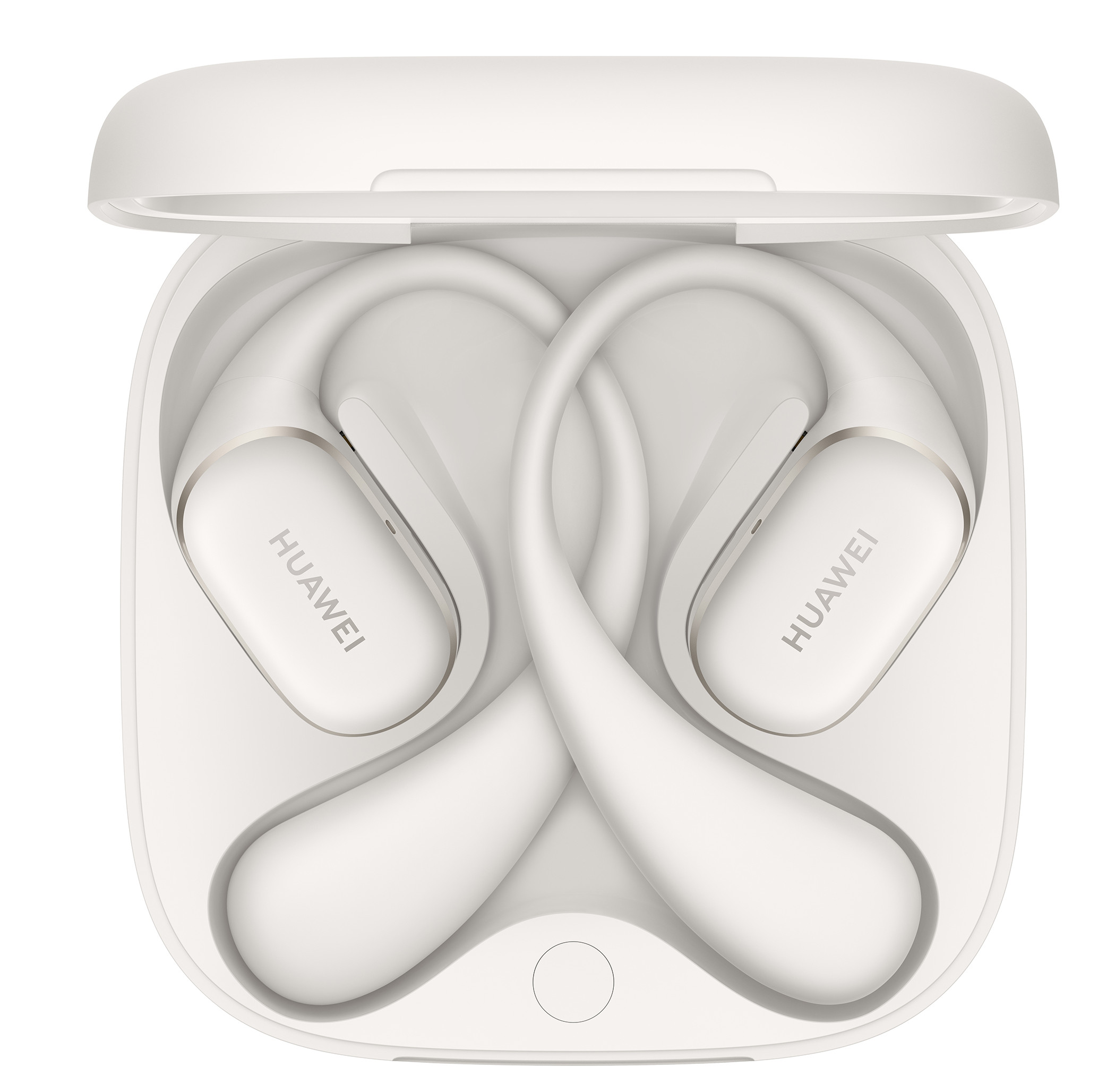 Białe słuchawki Huawei w białym etui ładującym, widok z góry.