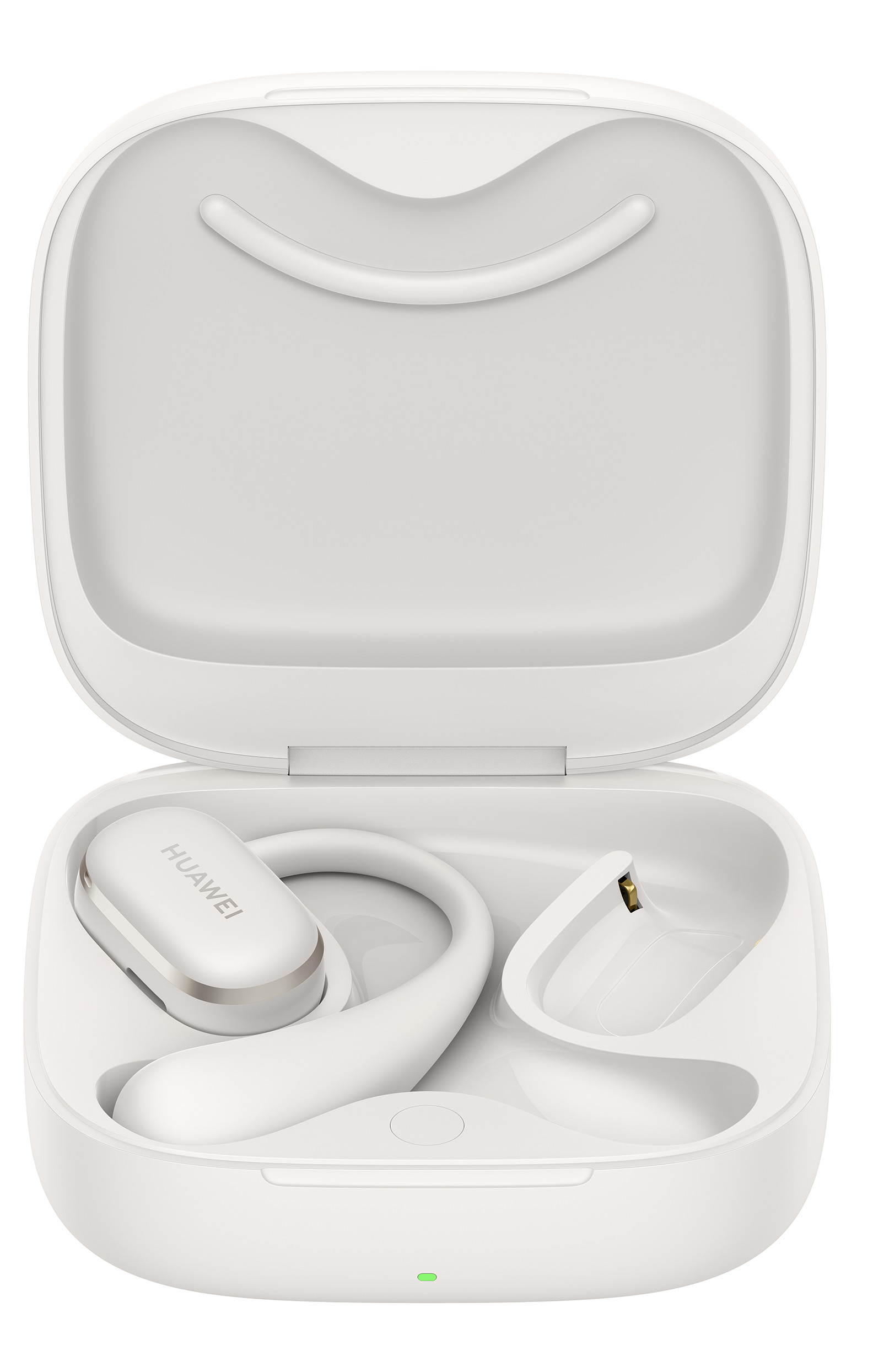 Białe, otwarte etui ładujące słuchawek Huawei z wkładką douszną w środku.