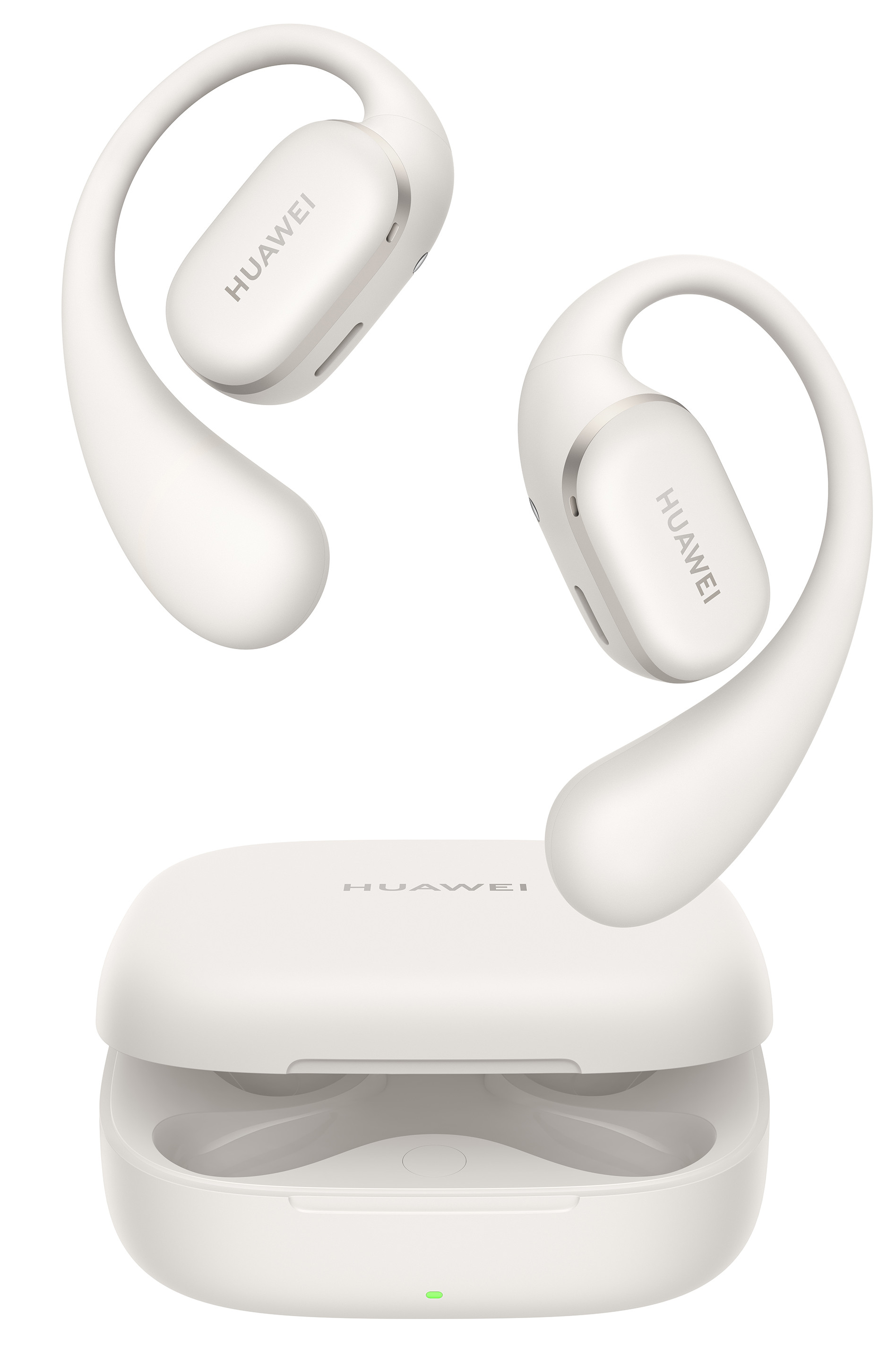 Białe bezprzewodowe słuchawki i etui ładujące. Słuchawki z haczykami i logo Huawei.