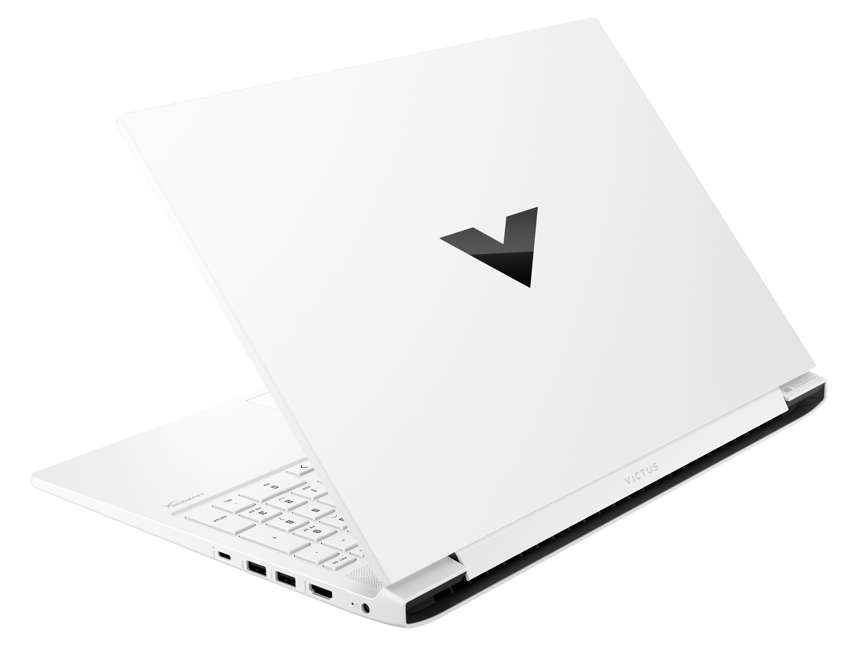 Biały laptop na białym tle. Klapa otwarta, widoczna klawiatura.