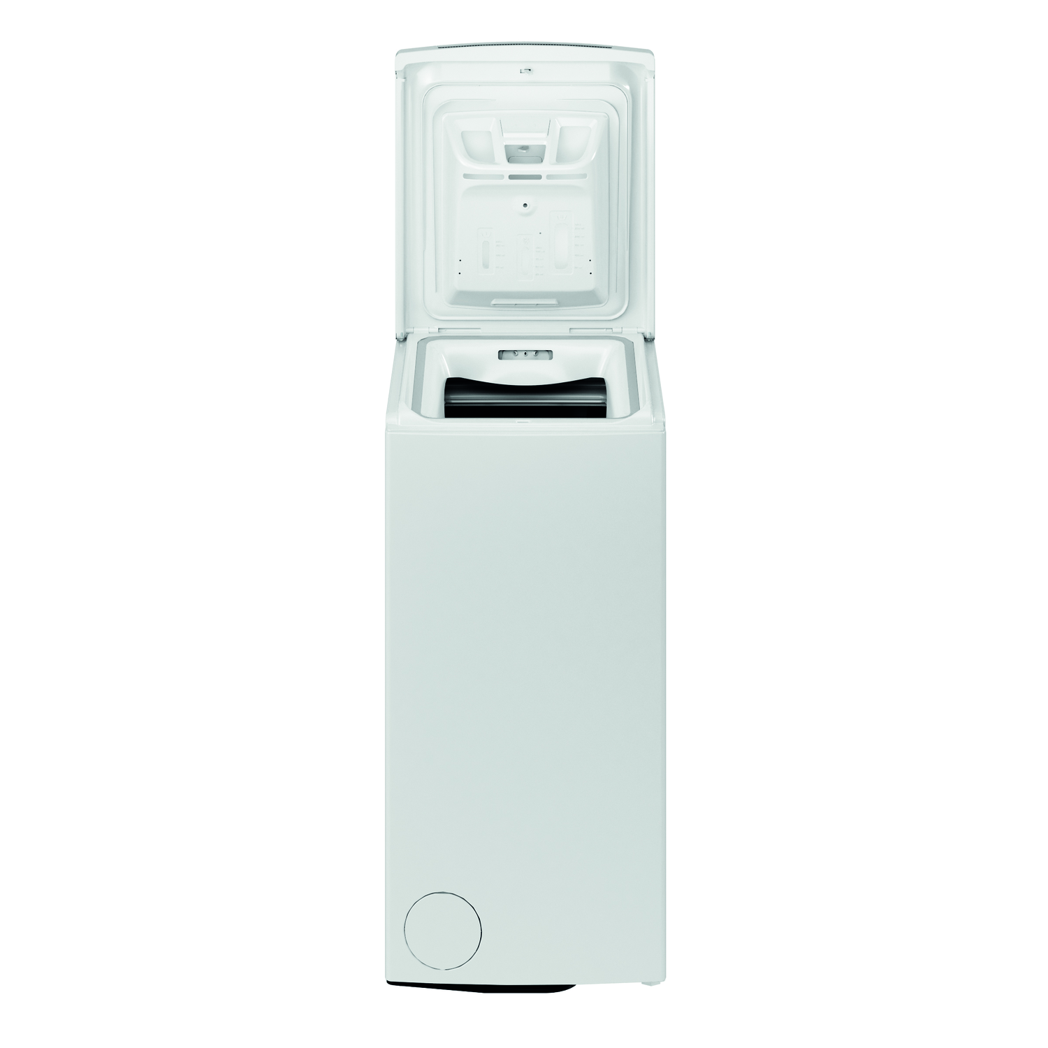 White top-load washing machine with the lid open, showing the inside of the drum.