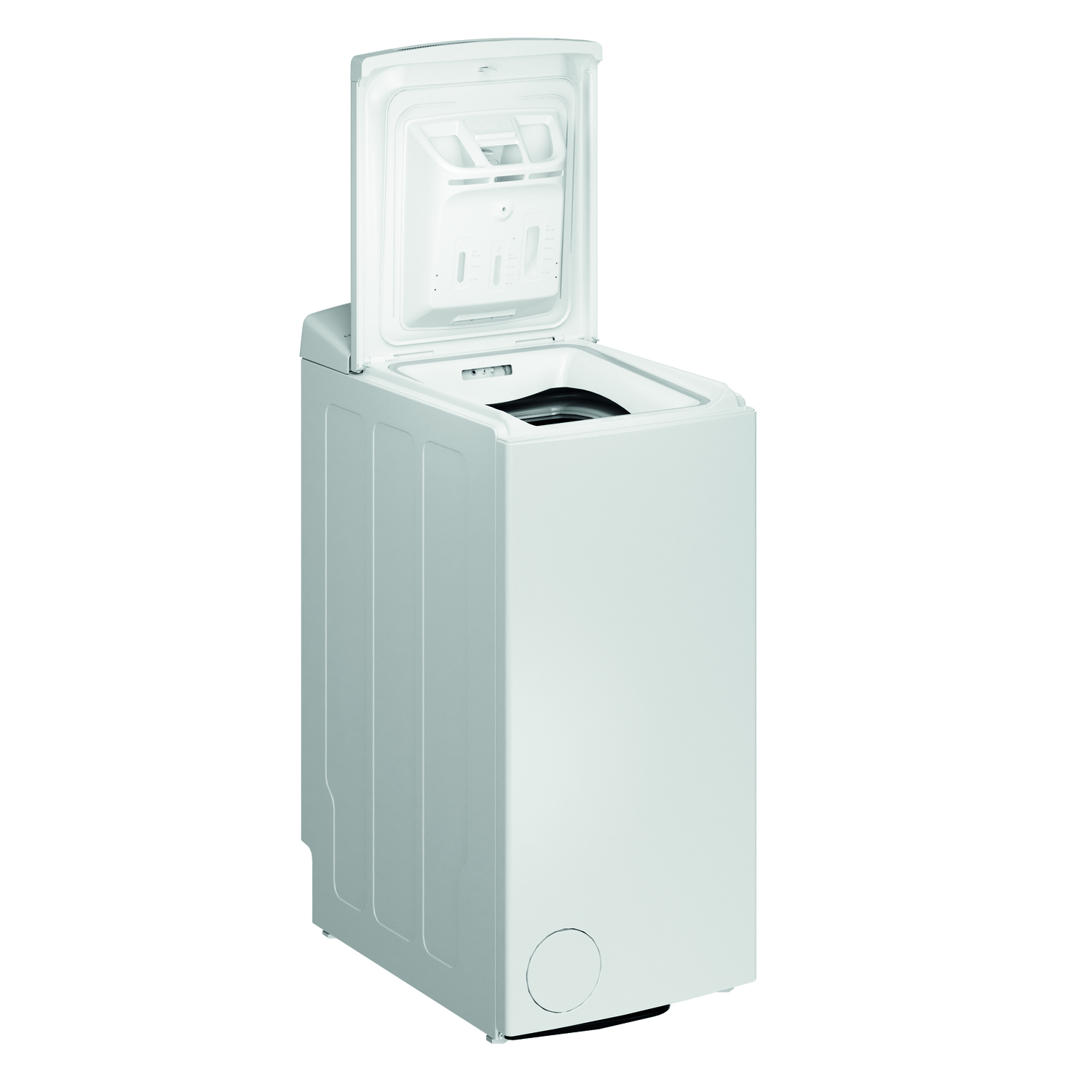 White top-load washing machine with the lid open, positioned against a white background.