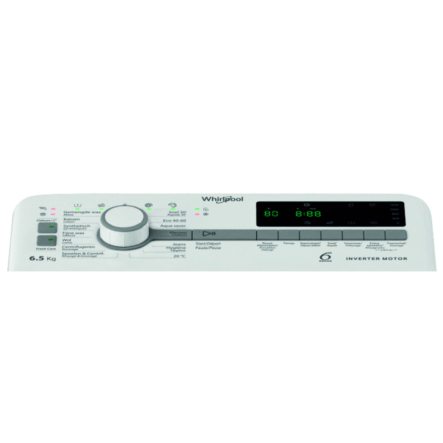 Whirlpool washing machine control panel with options for washing and drying.