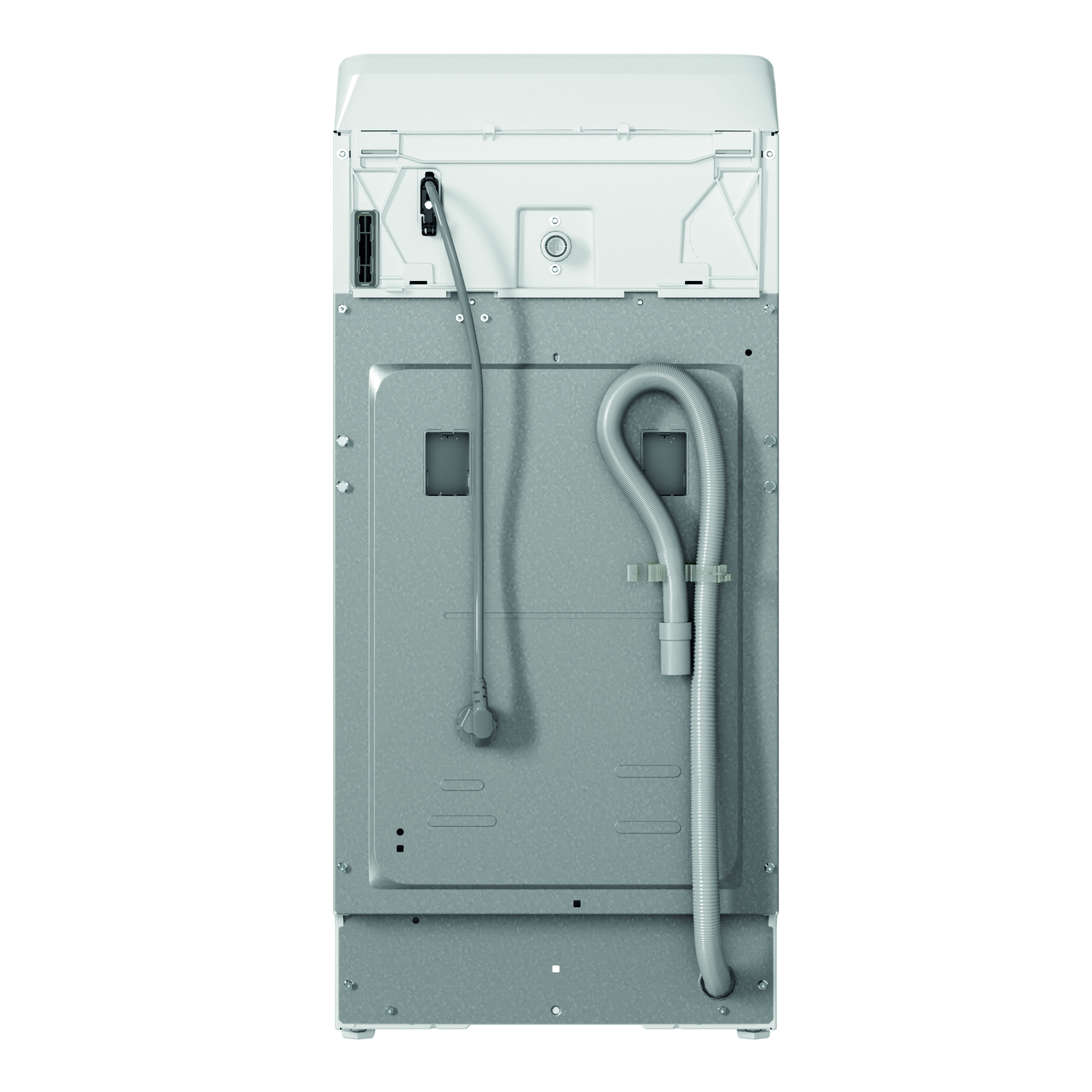 Back view of a white washing machine with a grey hose and power cord.