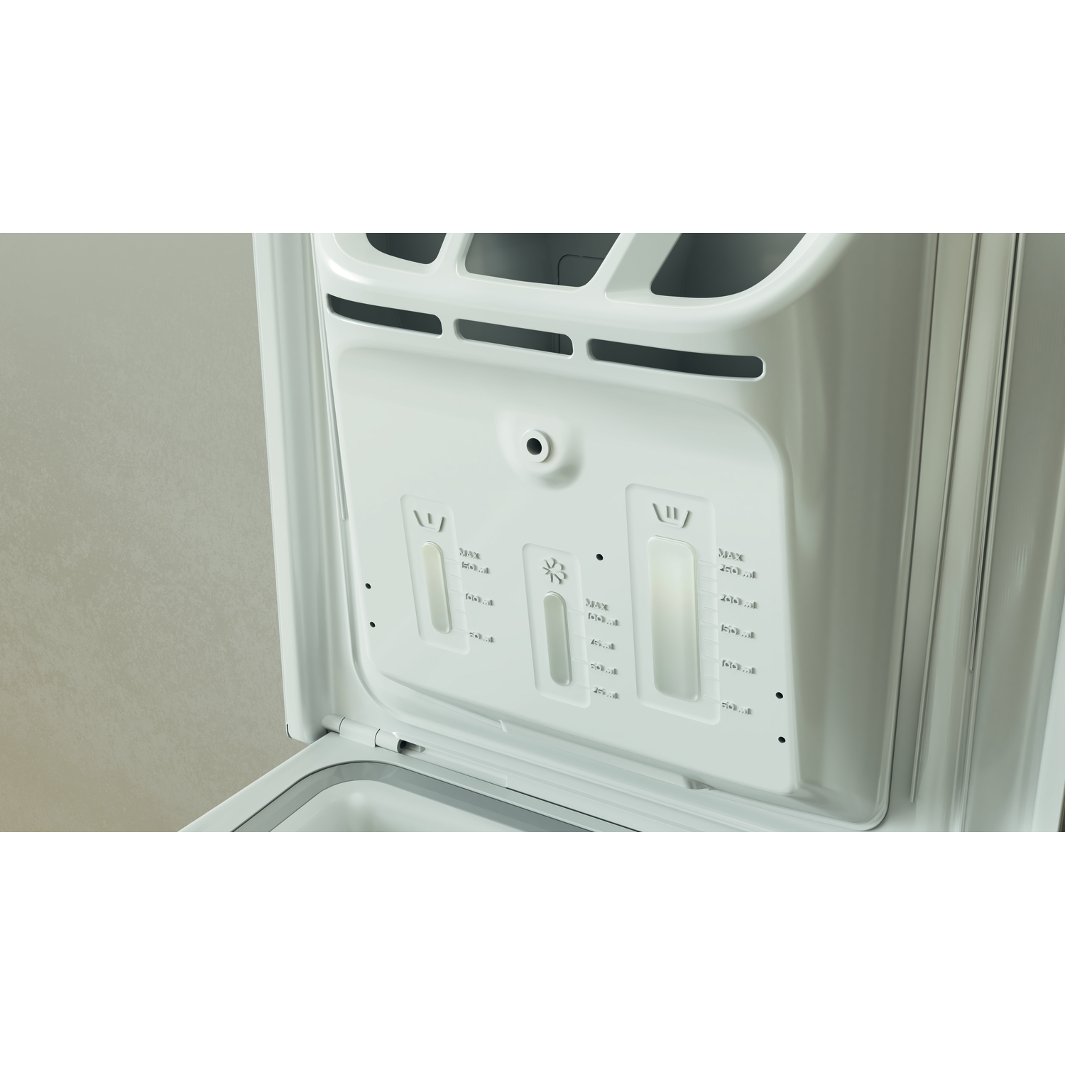 White dryer interior.  Compartments and labeled indicators are visible.