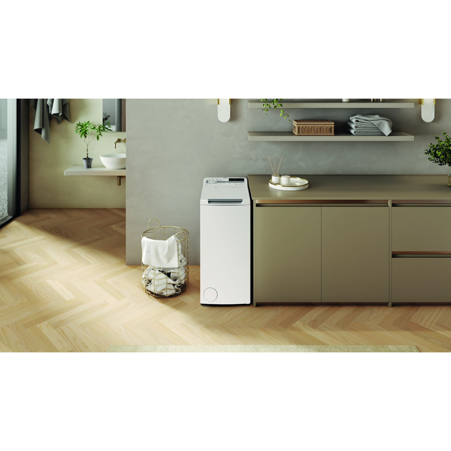 White top-load washing machine in a laundry room. There is a laundry basket on the left.