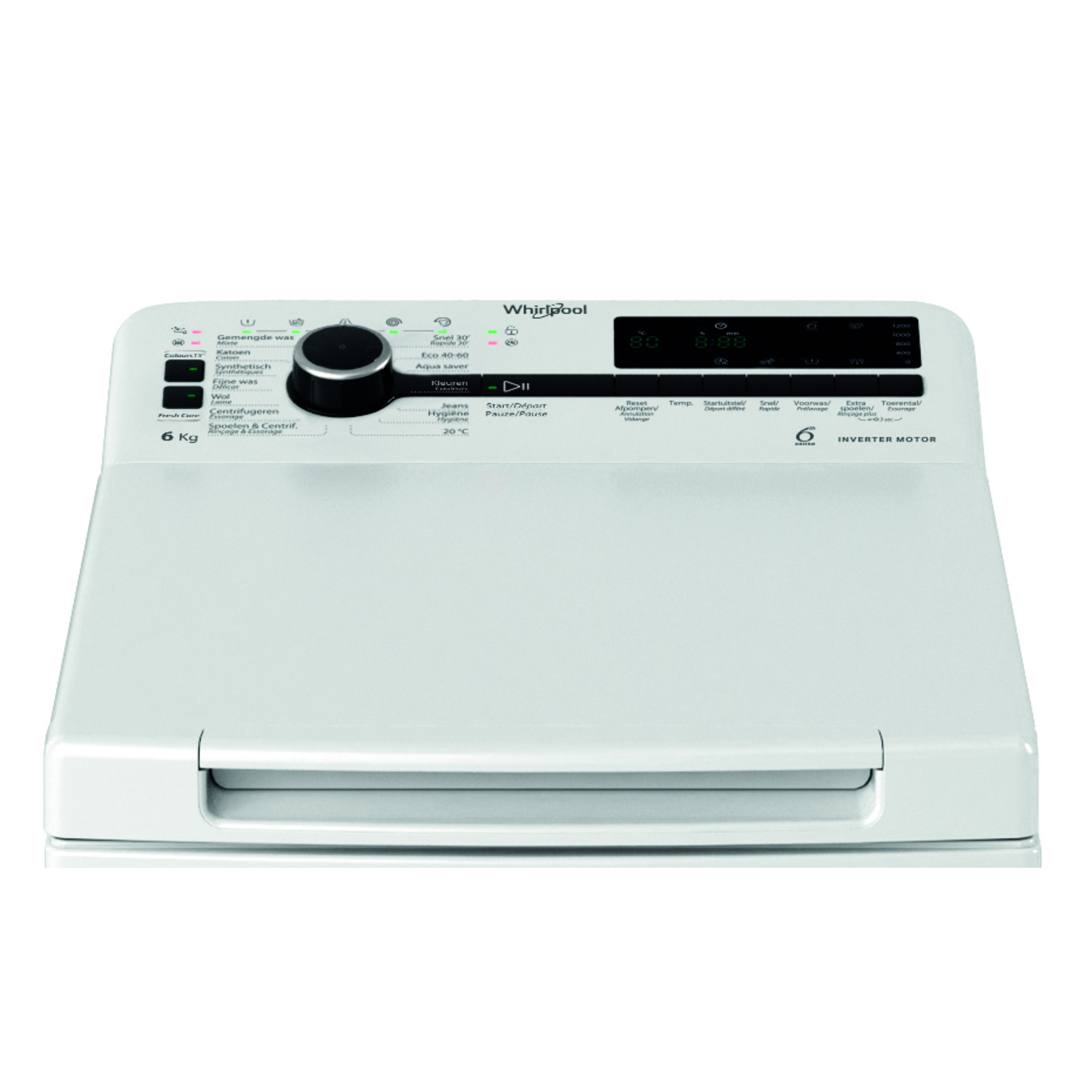 A white washing machine control panel with various buttons and a digital display.