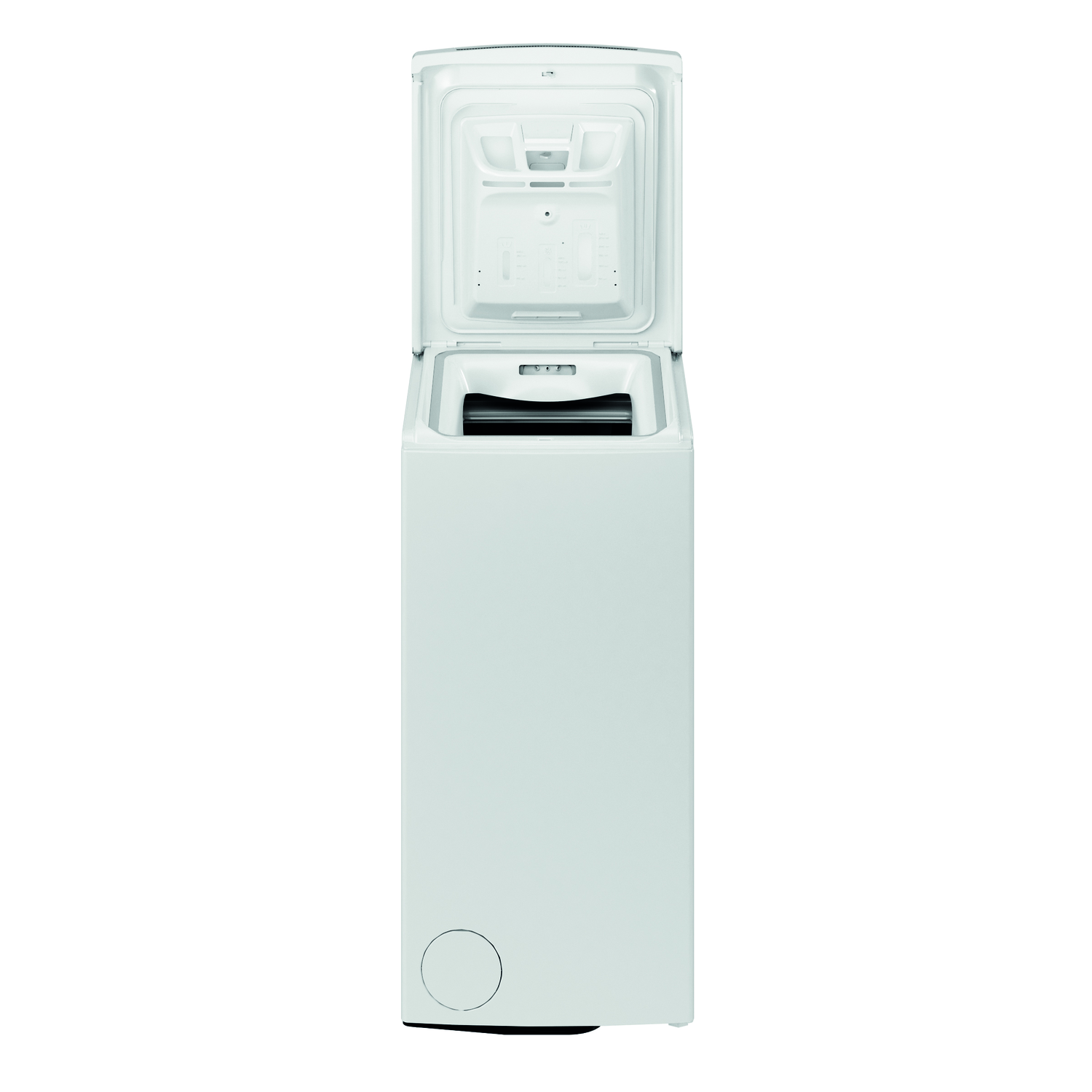 White top-load washing machine, open lid.  View from the front.
