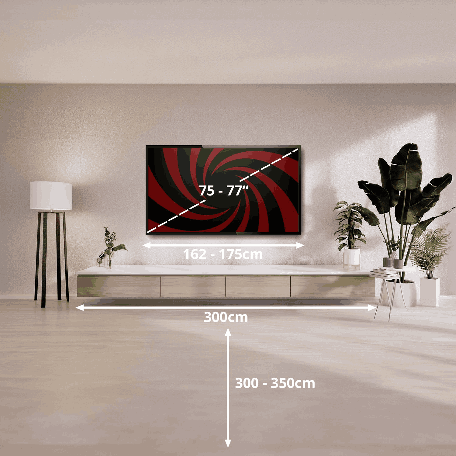 Een tv-scherm met een rood-zwart spiraalontwerp en een witte kast eronder. De kamer is helder.