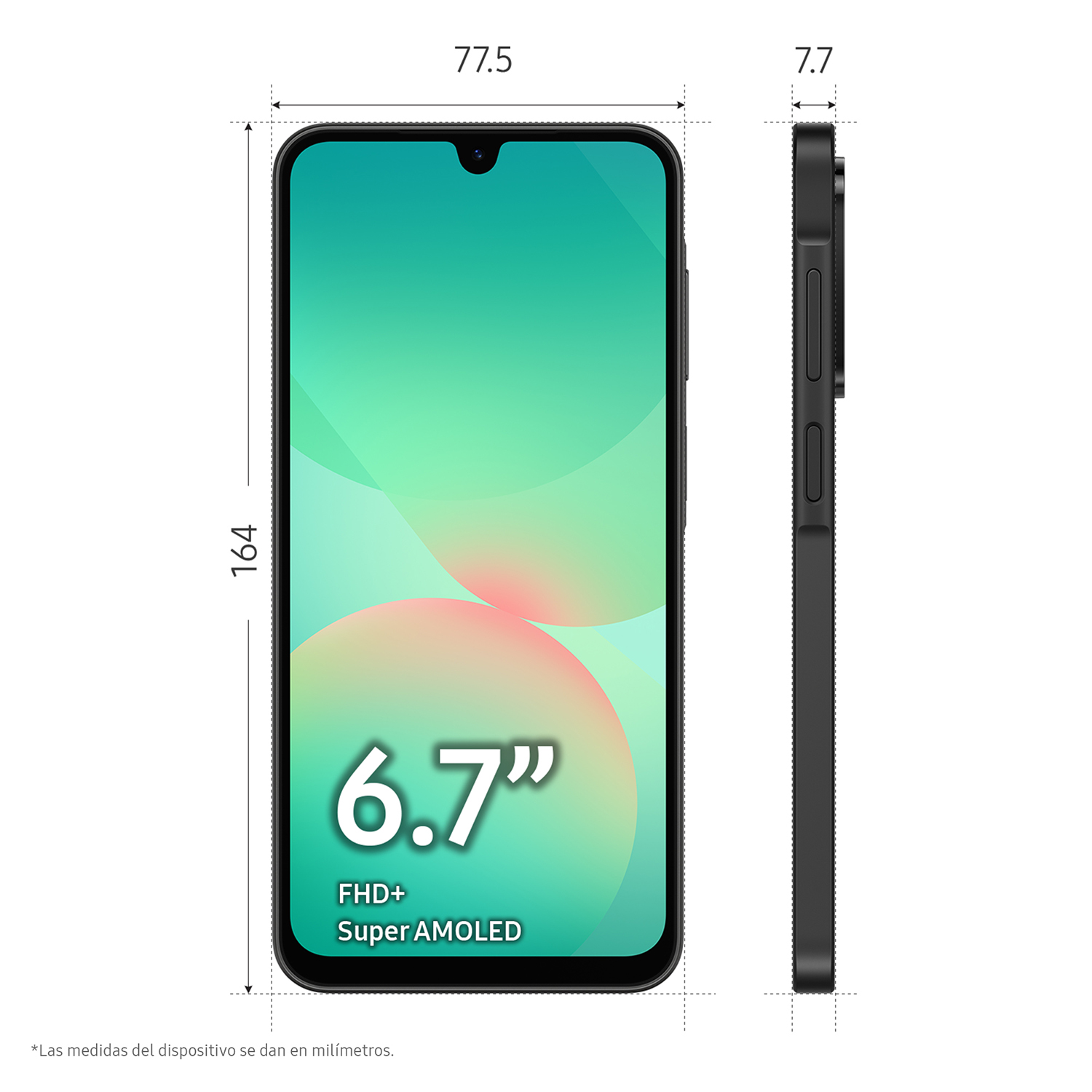Smartphone negro, pantalla con dimensiones, fondo verde. Dimensiones: 77.5x164x7.7mm. Fondo blanco.