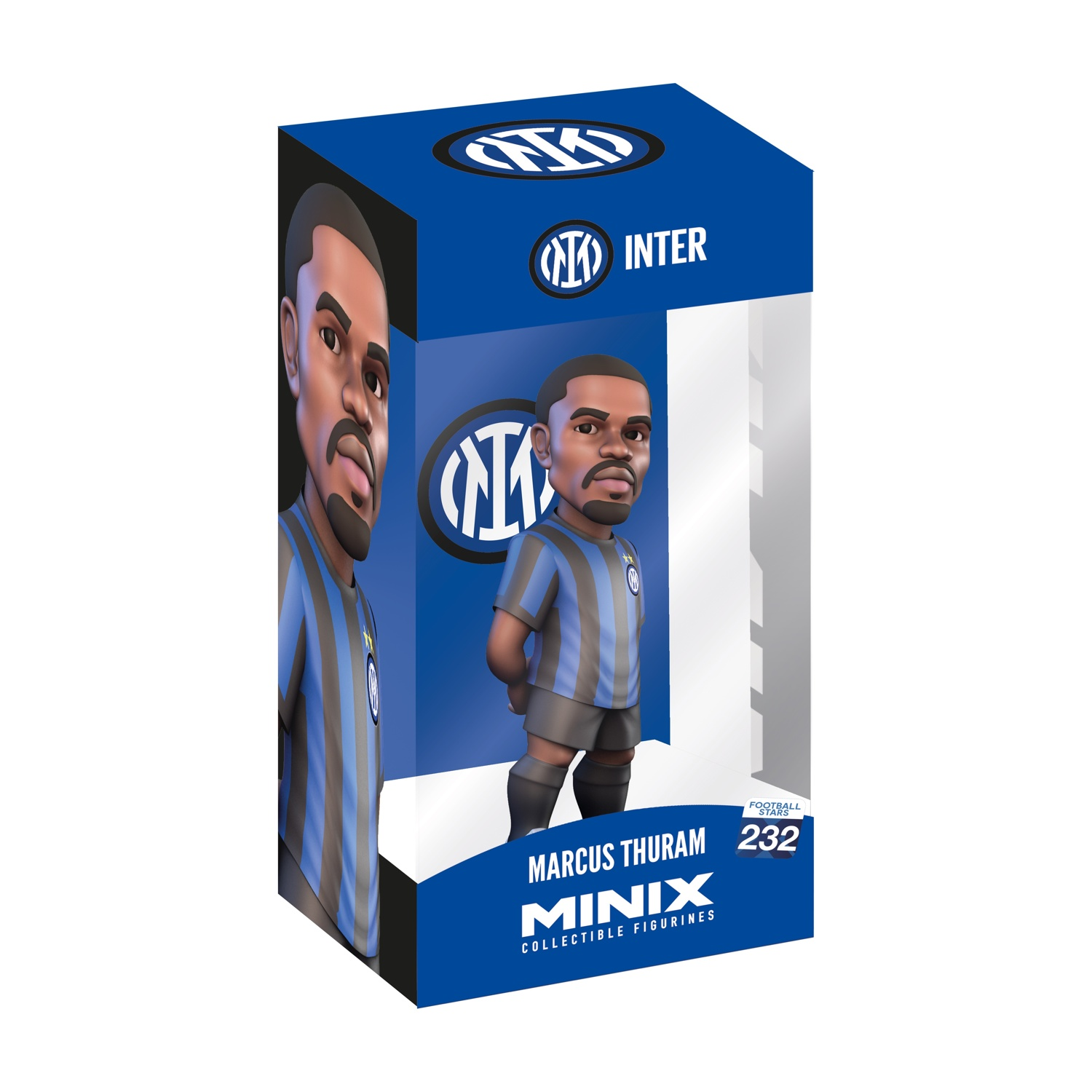 Figurina Minix di Marcus Thuram in scatola, con marchio Inter Milan. Figurina da collezione.