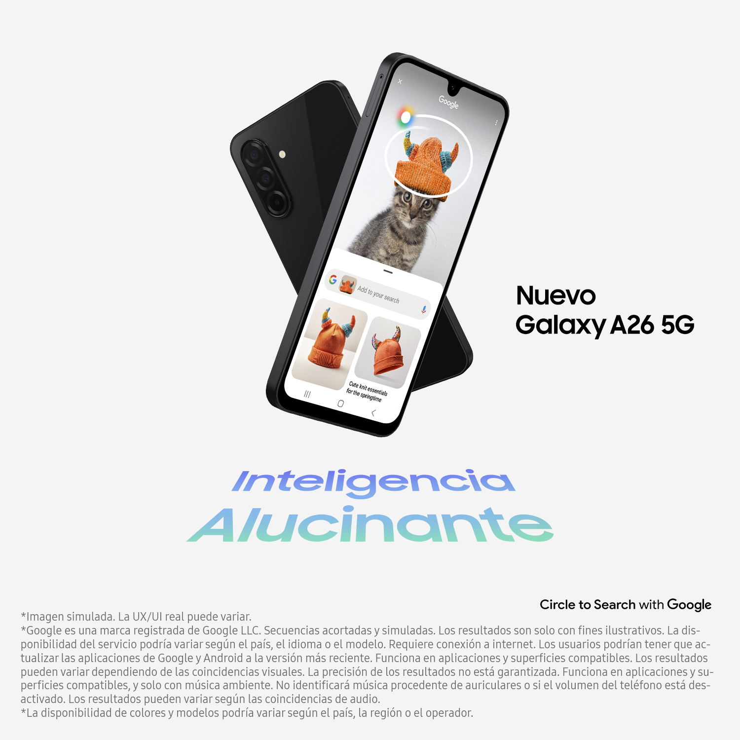 Smartphone negro con imagen de gato en pantalla. Texto: Nuevo Galaxy A26 5G. Texto: Inteligencia Alucinante.