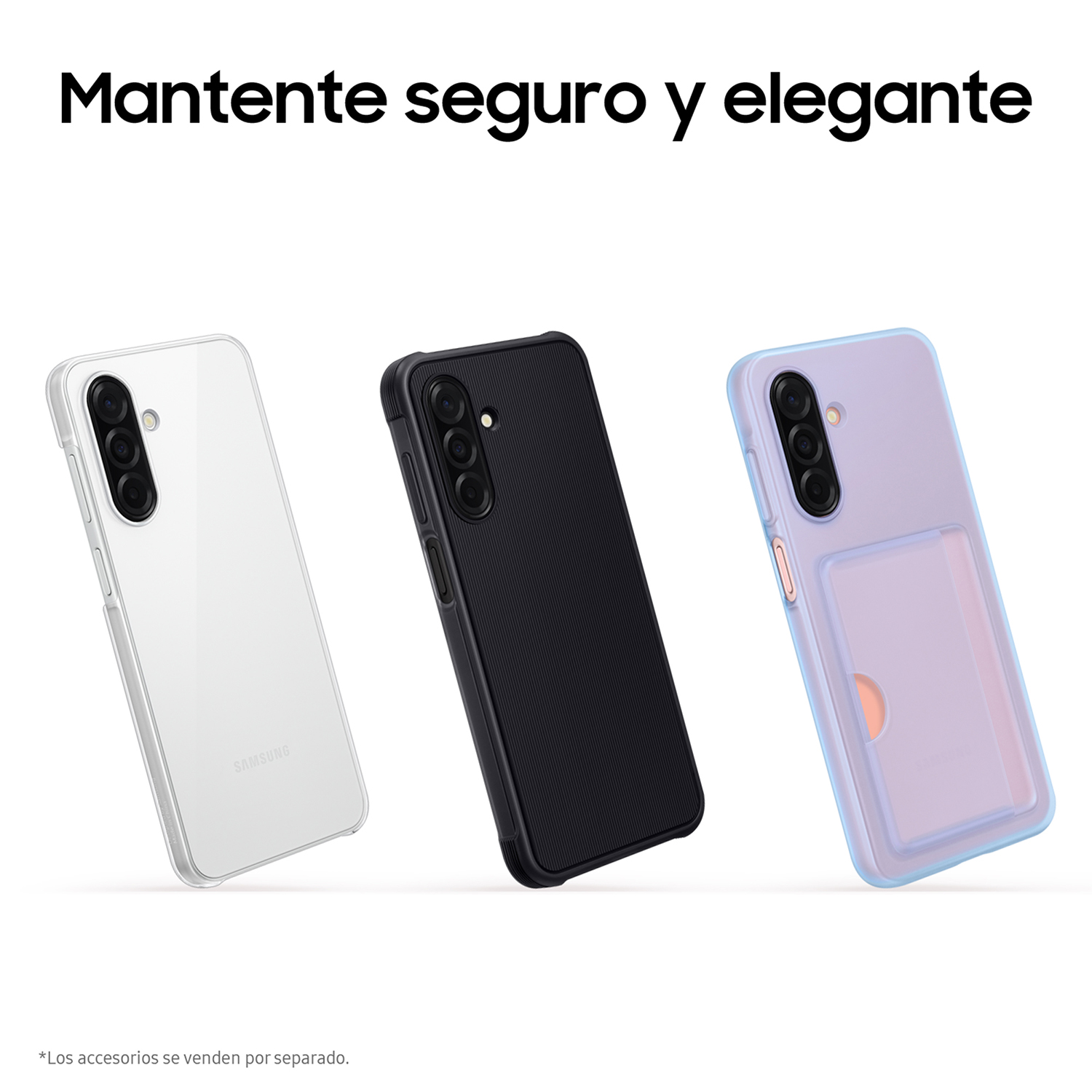 Tres fundas de teléfono: transparente, negro texturizado y lila claro, con fondo blanco.