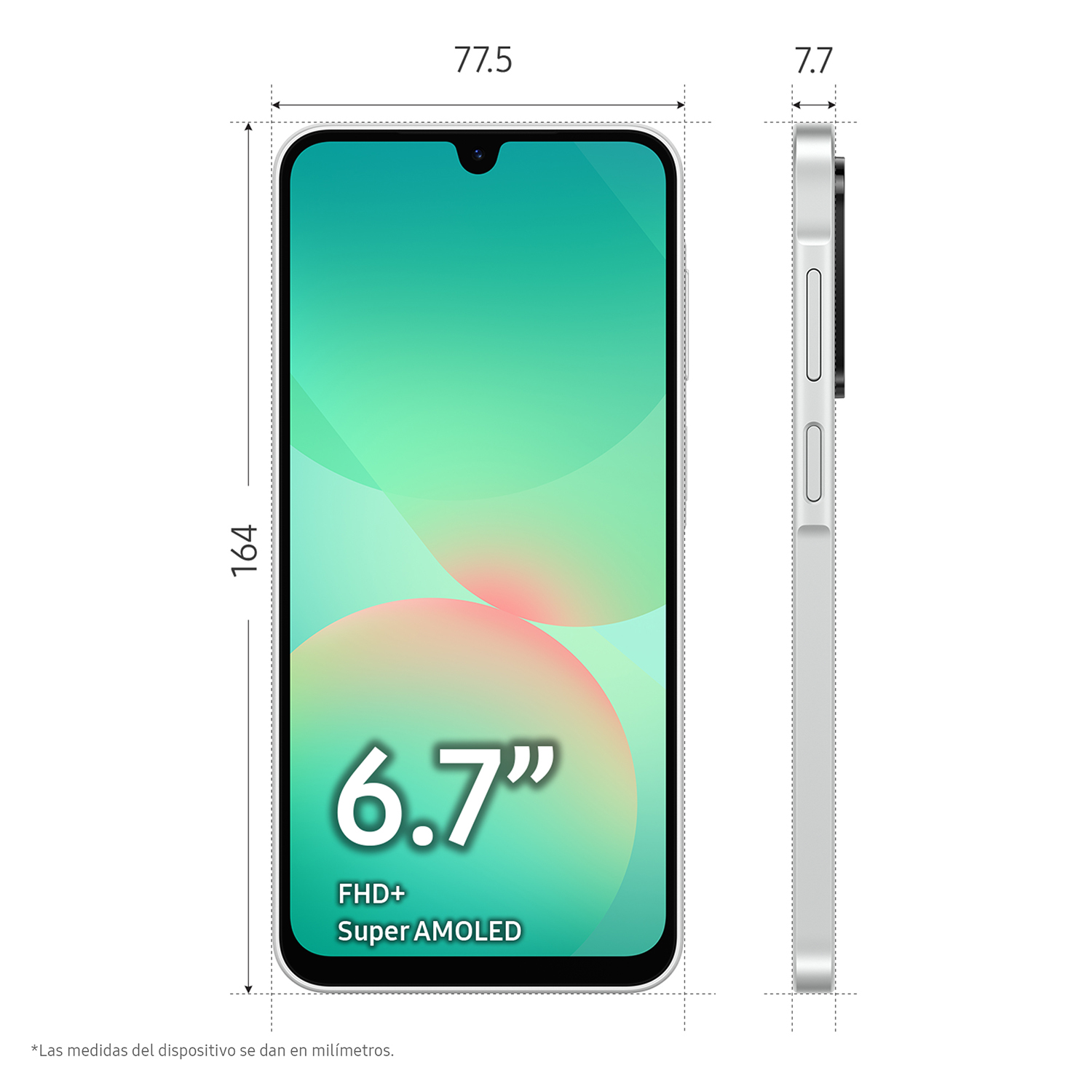 Smartphone con pantalla grande y dimensiones en milímetros. Gris claro con degradado rosa y verde.