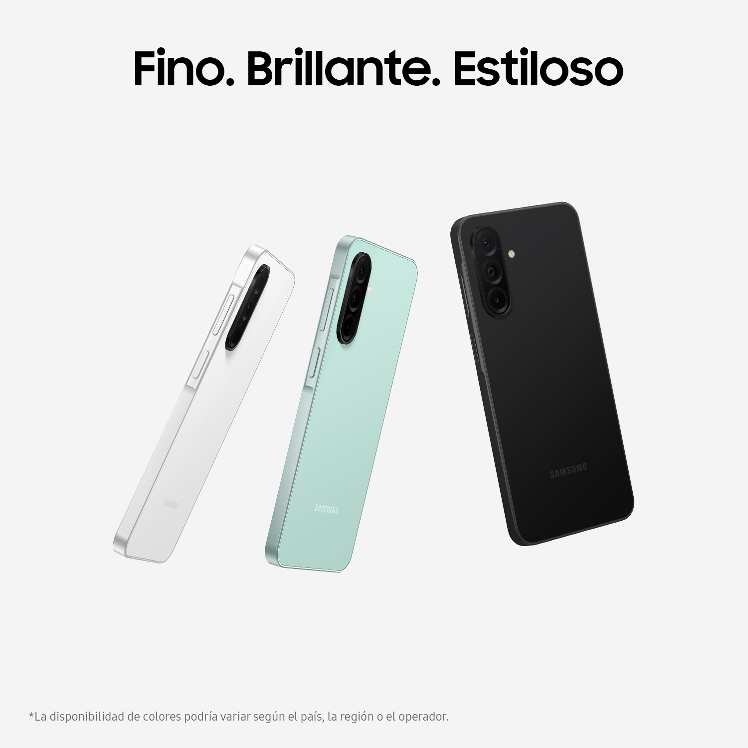 Tres teléfonos Samsung: blanco, verde y negro, con el texto 'Fino. Brillante. Estiloso'.
