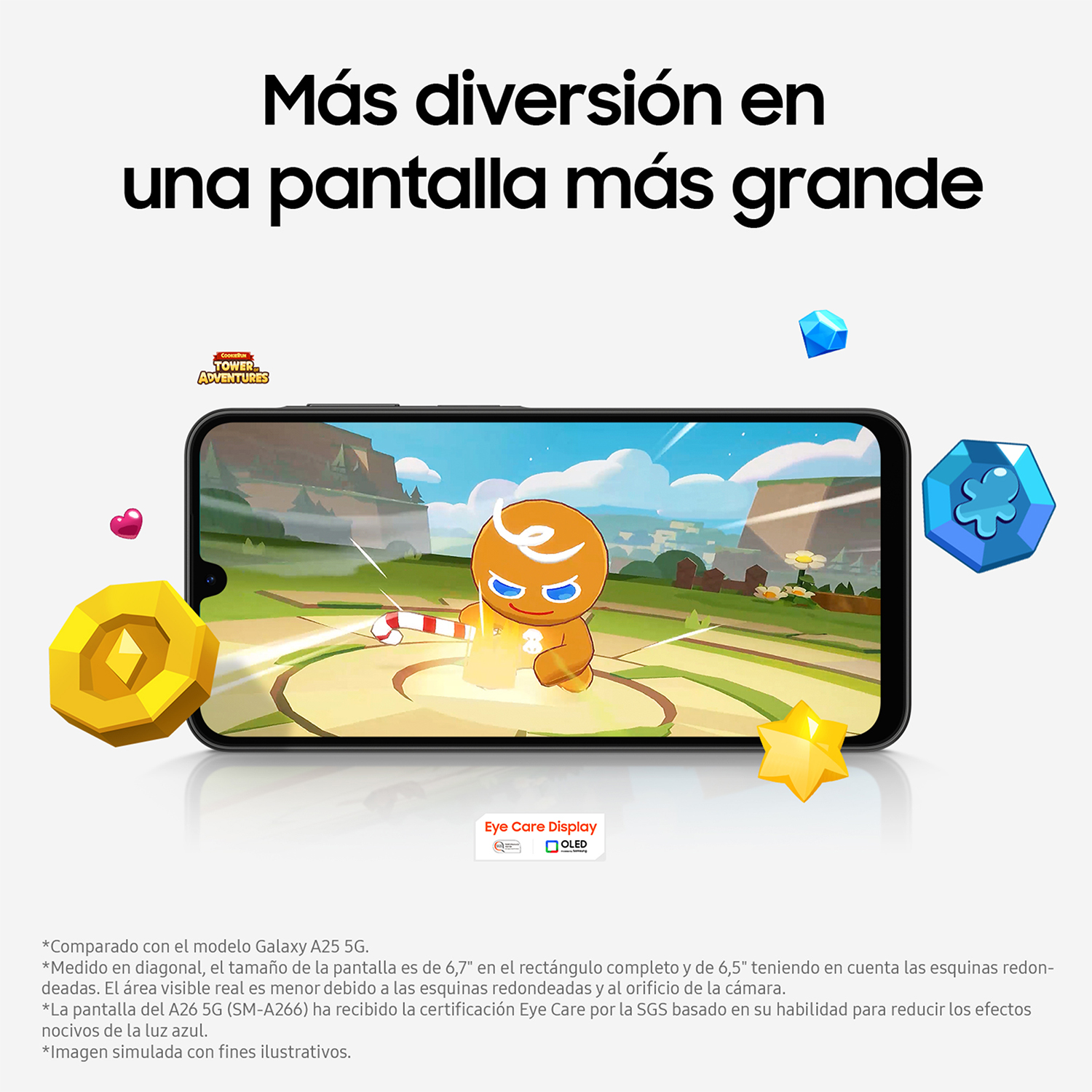 Un teléfono mostrando un juego con un hombre de jengibre. Hay gemas y monedas flotando en la pantalla.
