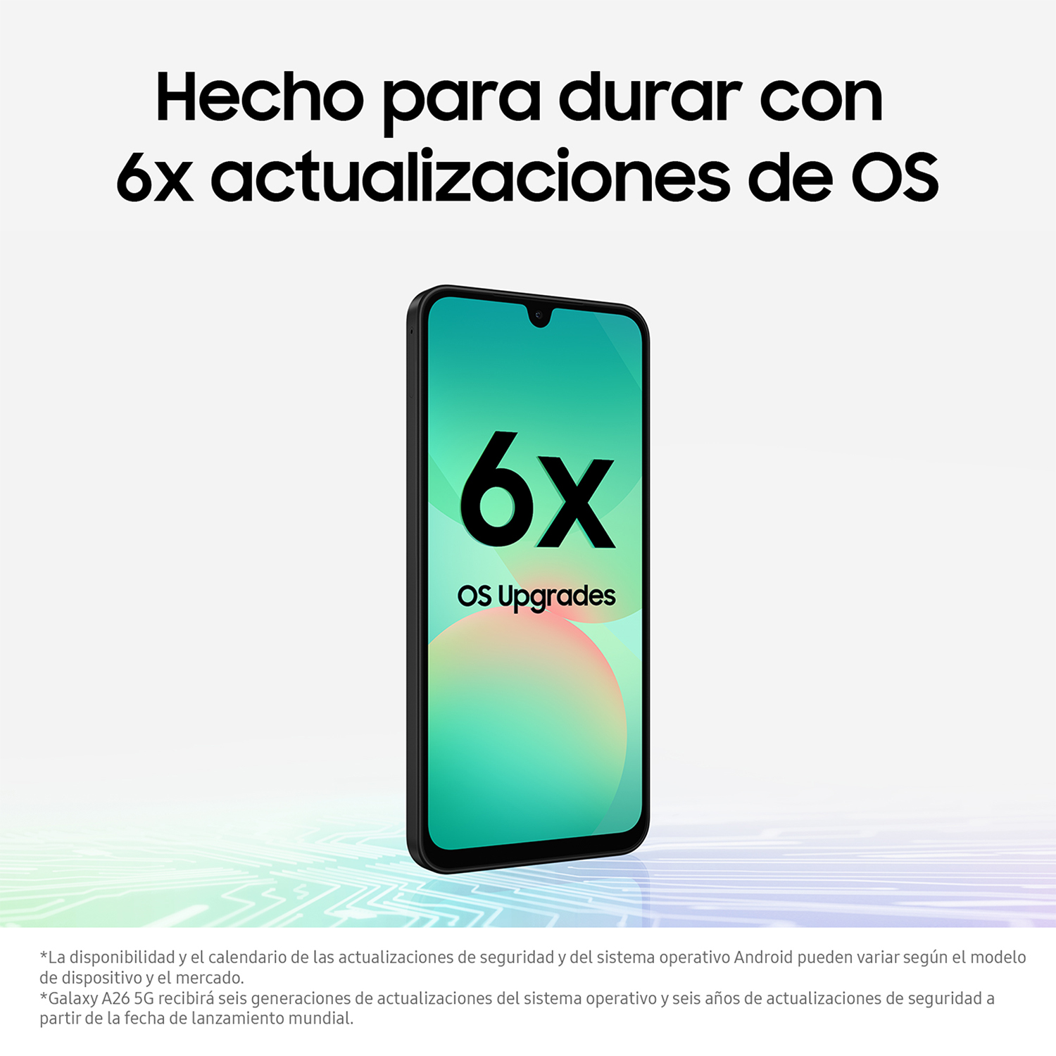 Un smartphone con pantalla verde mostrando '6x OS Upgrades'. El texto indica que está hecho para durar.