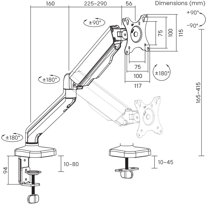 Egy monitorkar diagramja méretekkel és mozgási fokokkal, mm-ben.