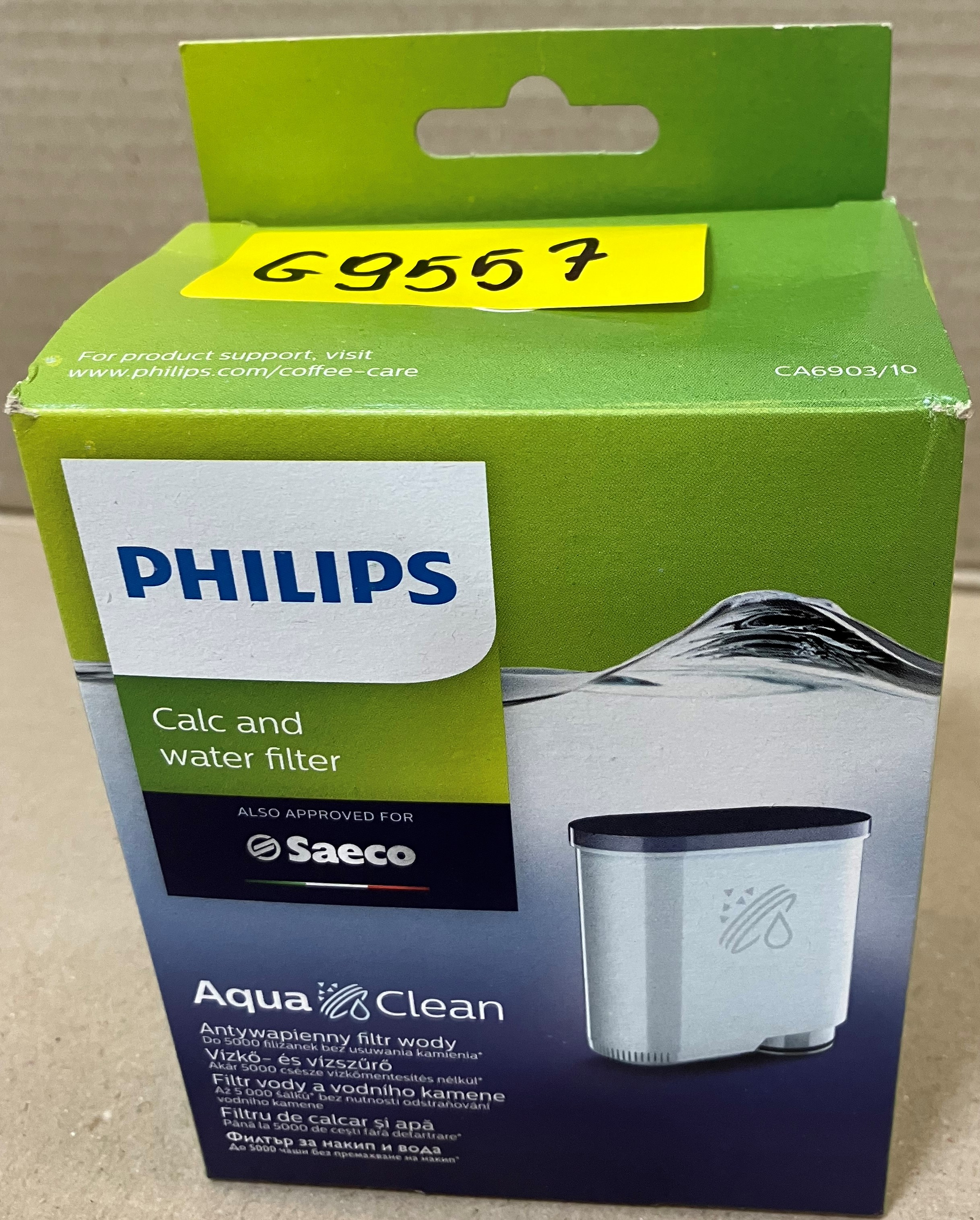 Pudełko filtra wody Philips, zielono-niebieskie, z tekstem i obrazem filtra.