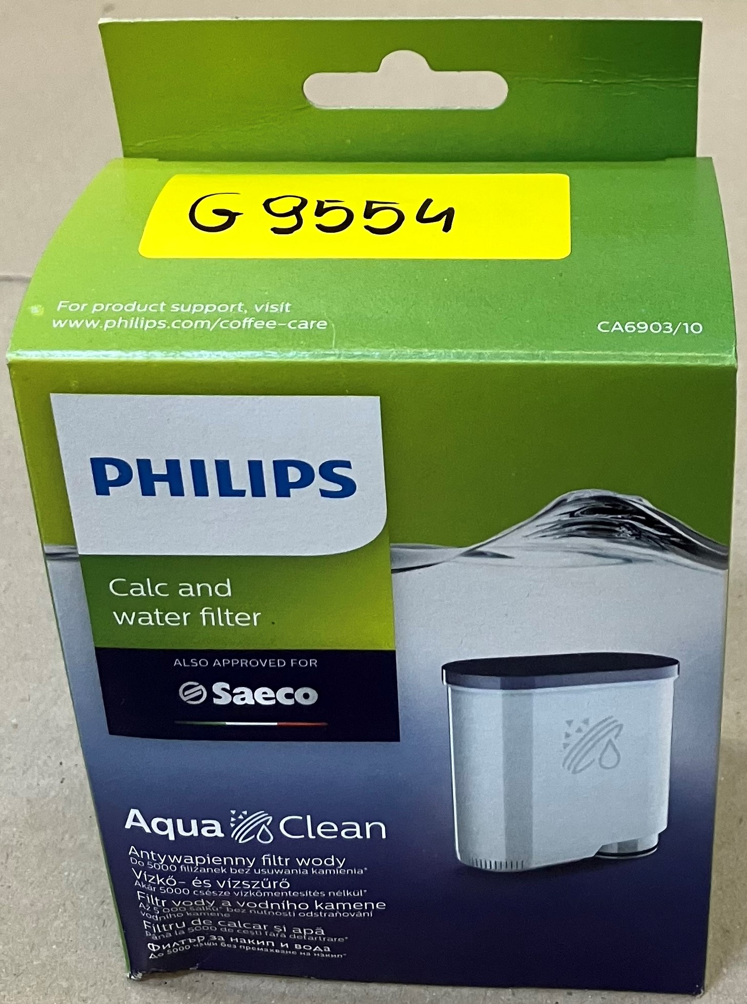 Pudełko filtra wody Philips z wyświetlonym filtrem.