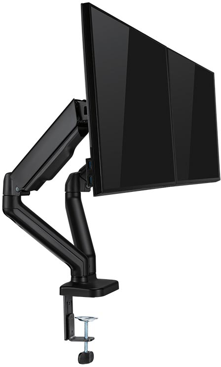 Egy fekete monitor kar, melyhez két fekete monitor van rögzítve. A monitorok egymás mellett vannak.