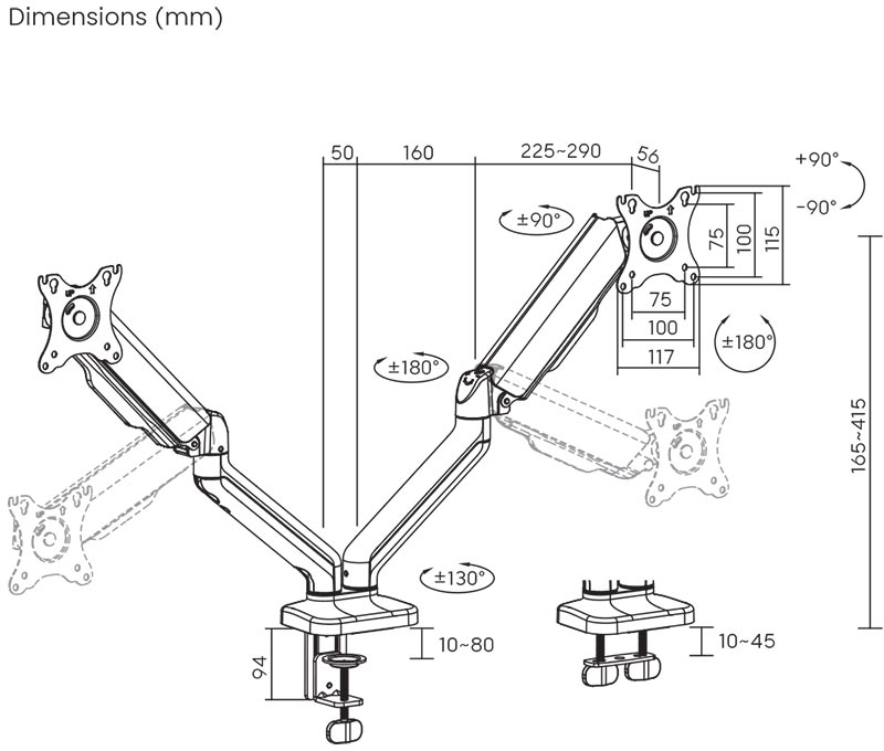 Egy diagram a kettős monitor tartót mutatja milliméteres méretekkel.
