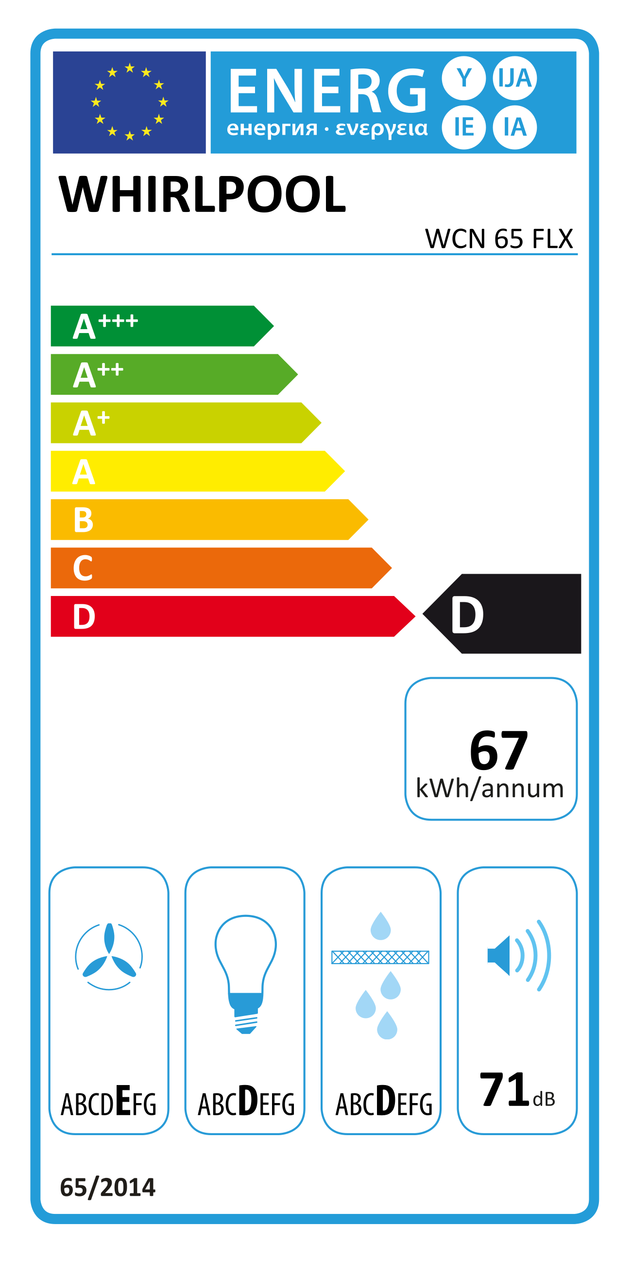 Egy Whirlpool készülék energiacímkéje, amely energiahatékonysági információkat mutat.