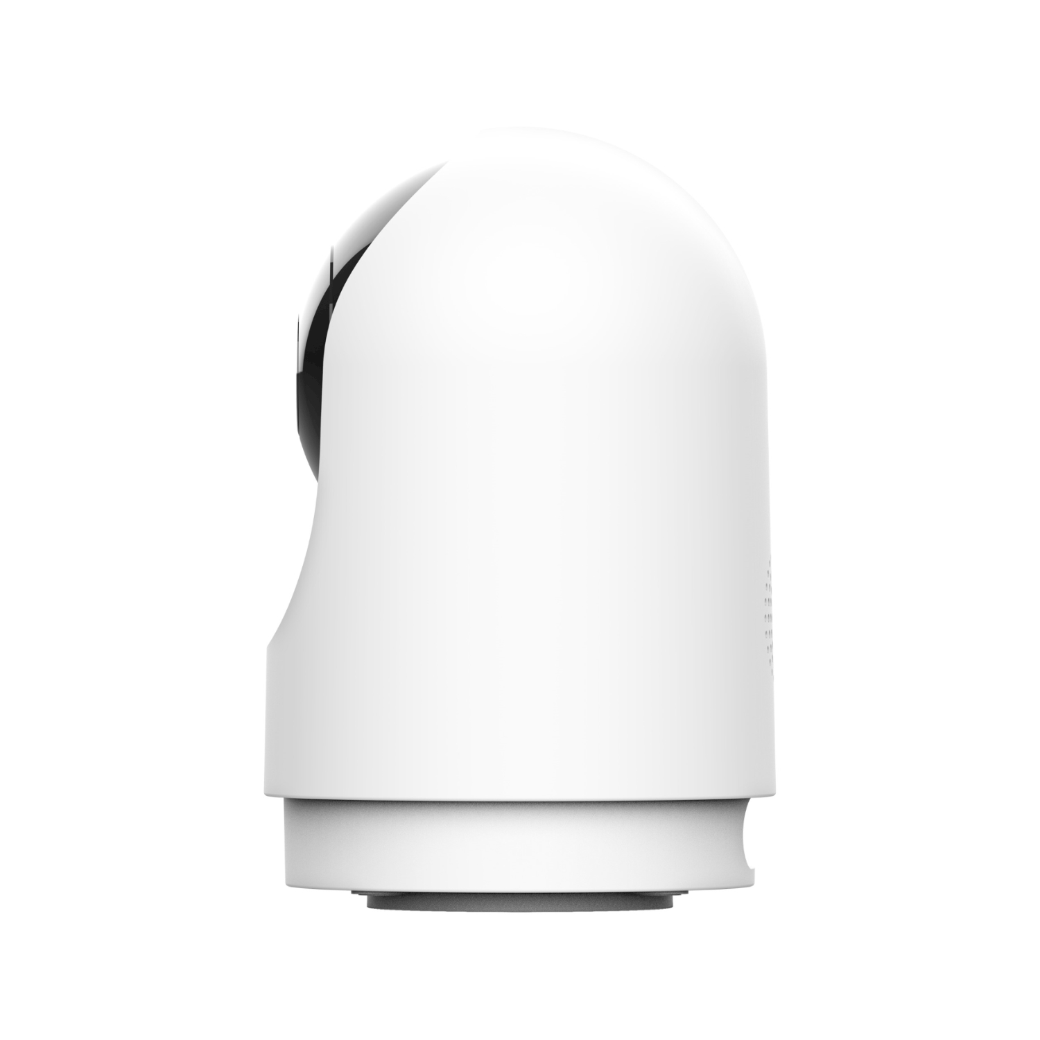 Una telecamera di sicurezza bianca, vista laterale, su sfondo bianco.