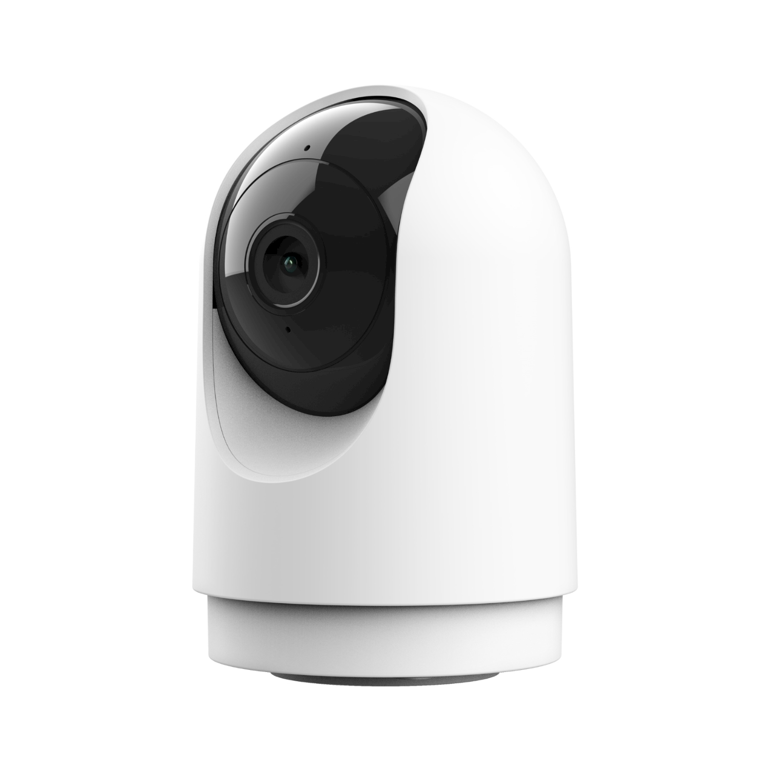 Una telecamera di sicurezza bianca con lente nera, isolata su sfondo bianco.
