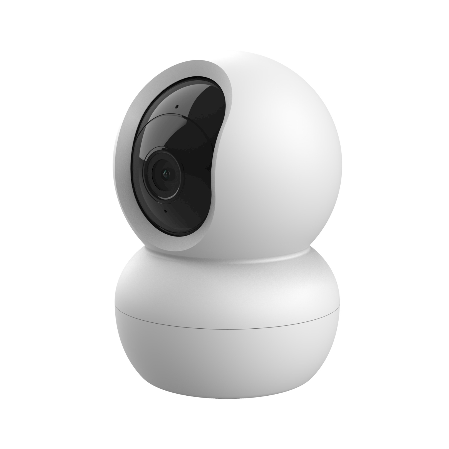 Una telecamera di sicurezza bianca con lente nera. È su sfondo bianco.