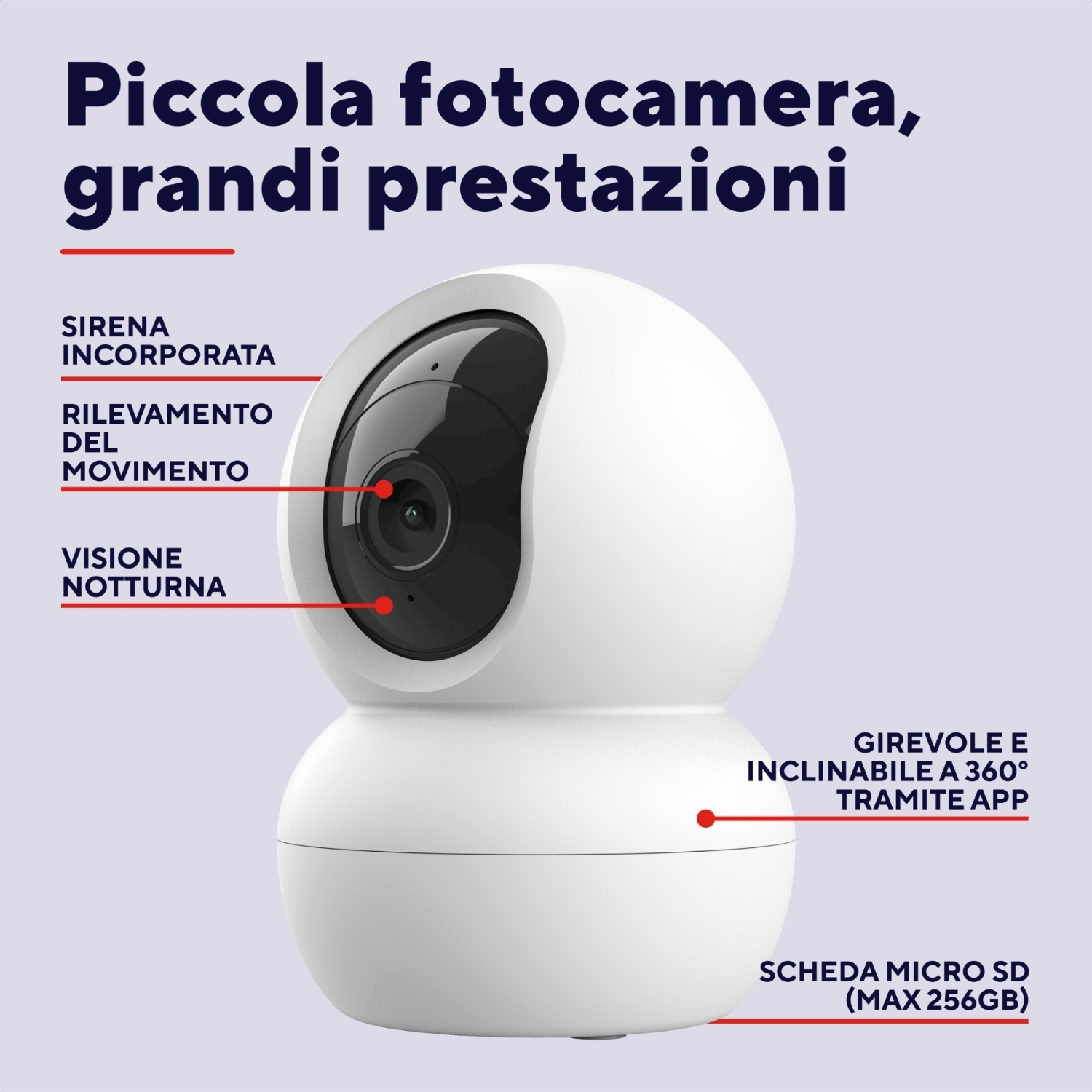 Telecamera di sicurezza bianca con lente nera, con testo in italiano.