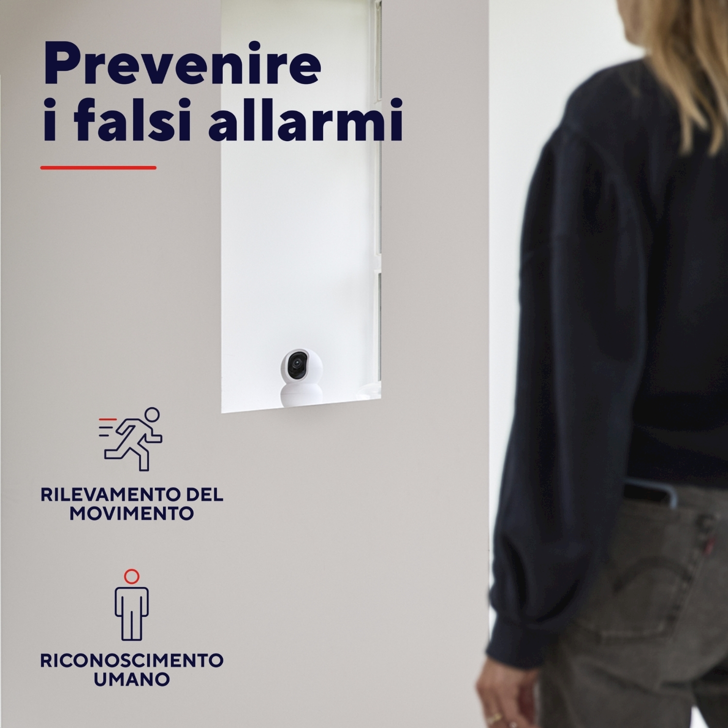 Telecamera di sicurezza bianca in una cornice bianca, con icone per rilevamento movimento e umano.