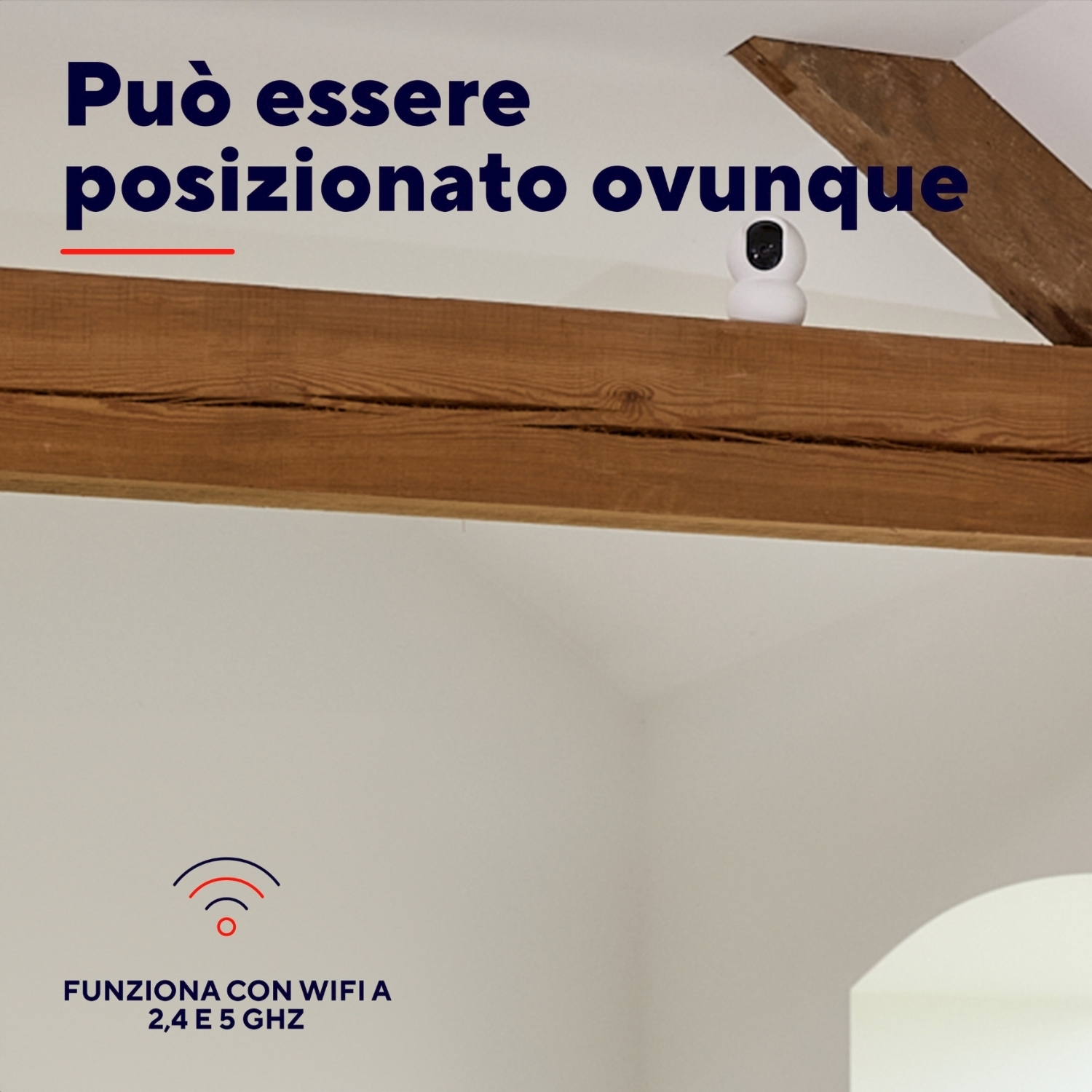 Una piccola telecamera di sicurezza bianca su una trave di legno, con testo sulla connettività WiFi.