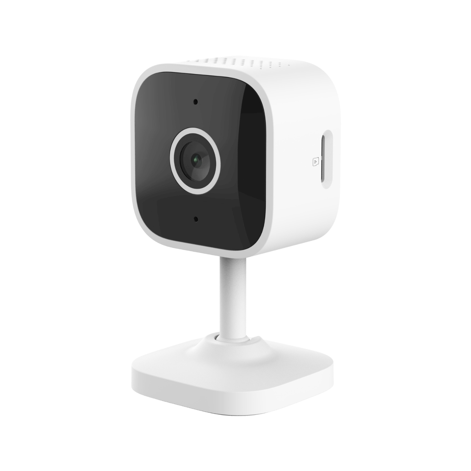 Una piccola telecamera di sicurezza quadrata bianca su un supporto, con una faccia nera e un obiettivo.