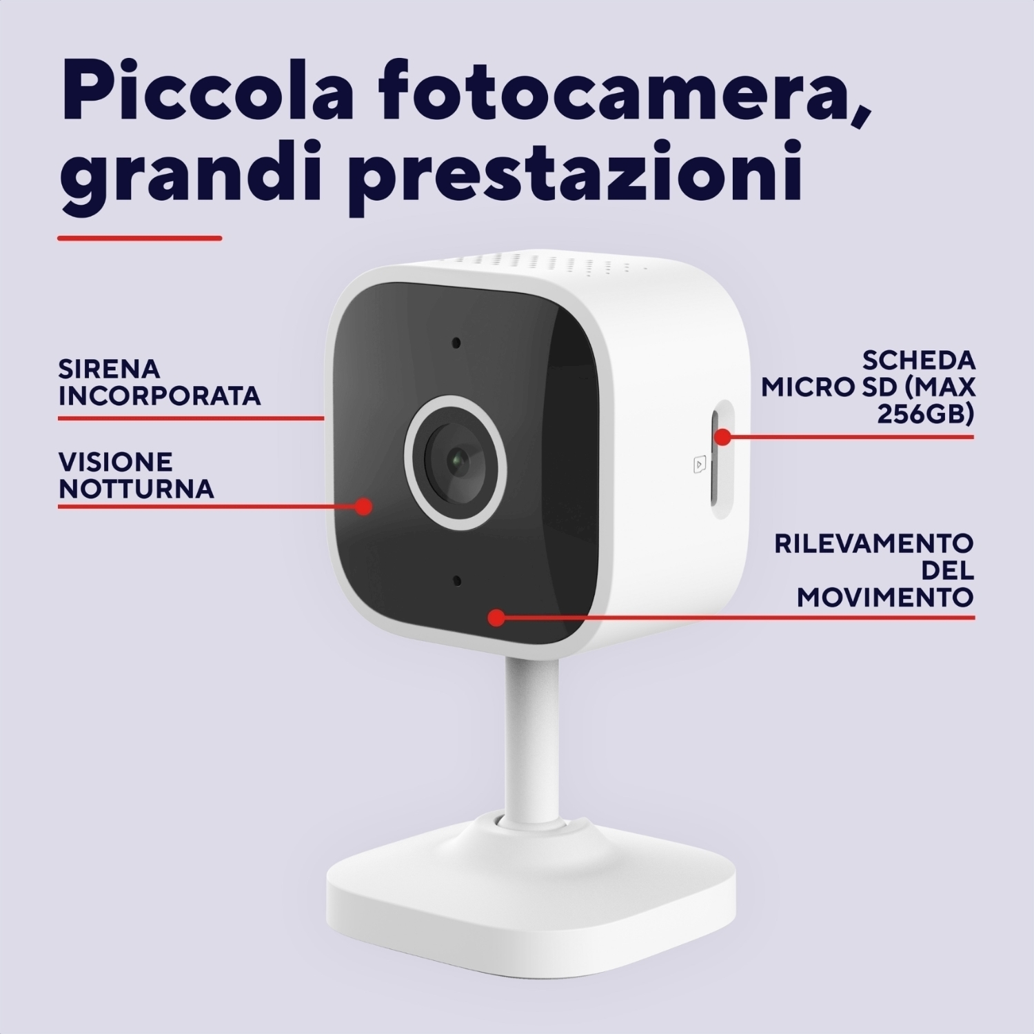 Una telecamera di sicurezza bianca con lente e supporto neri.