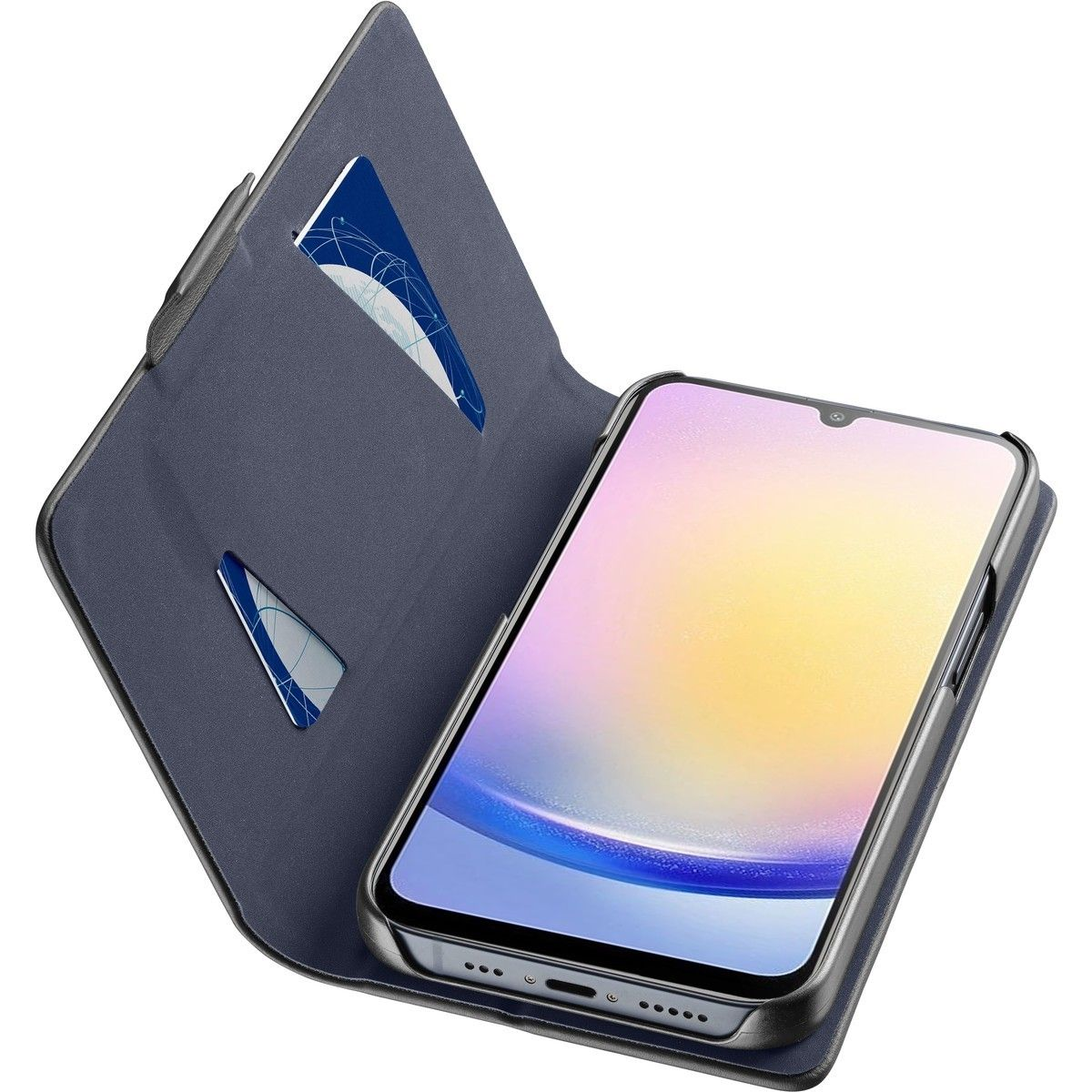 Seitenansicht eines schwarzen Laptops mit Anschlüssen an der Seite, lila beleuchtet.