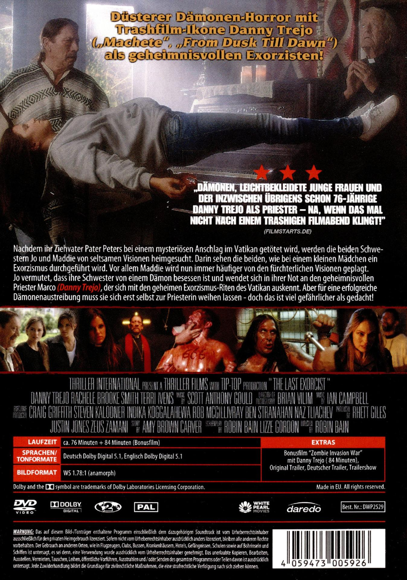 Horrorfilm-DVD-Rückseite mit Danny Trejo, Dämonen und Textinformationen.