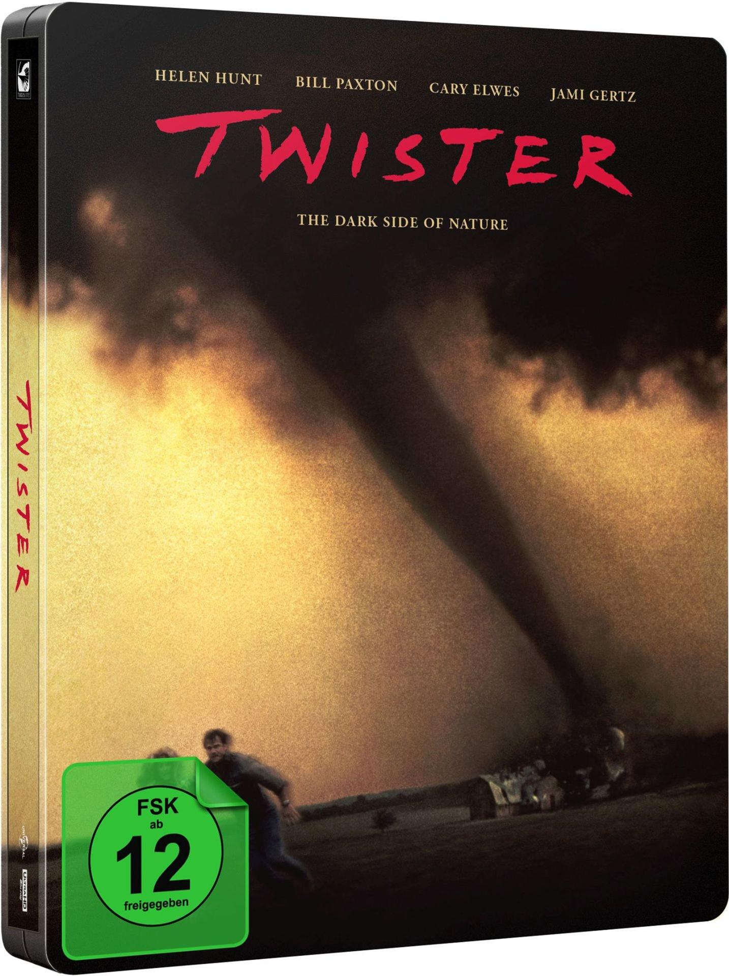 DVD-Cover des Films Twister, mit Tornado und Menschen, die rennen.