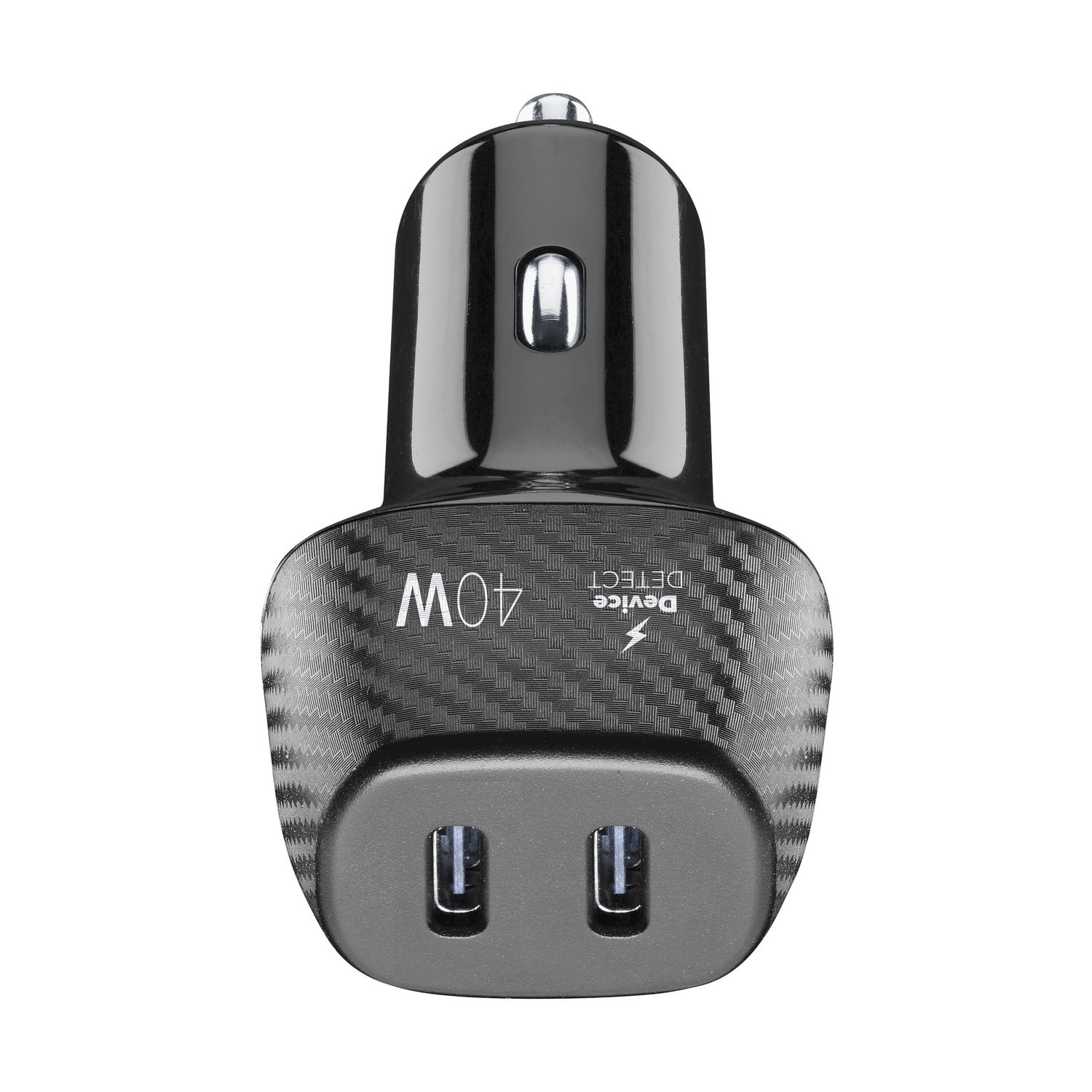 Caricabatterie per auto nero con 2 porte USB, testo '40W', su sfondo bianco.