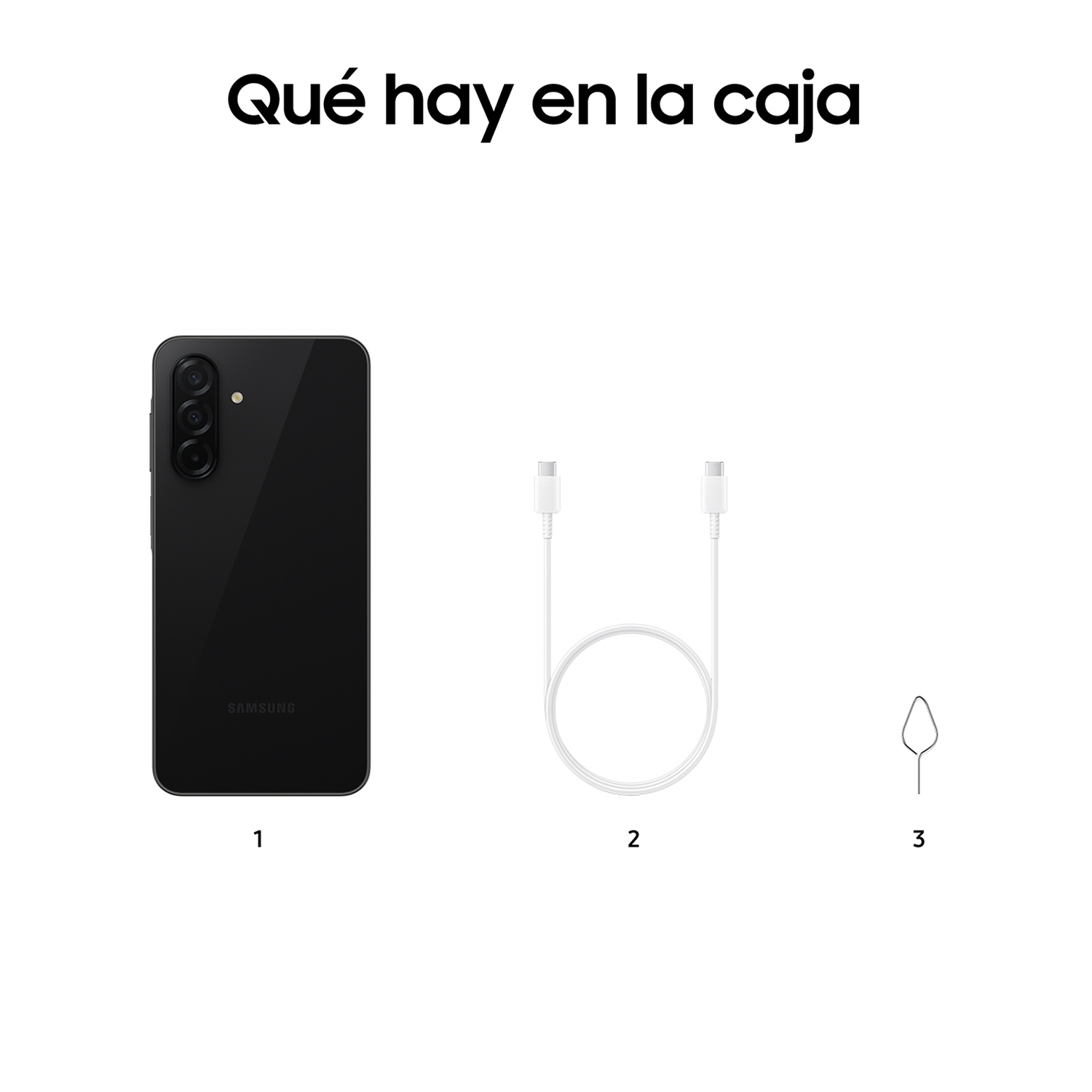 Un teléfono negro, un cable y una herramienta sobre fondo blanco, con texto.