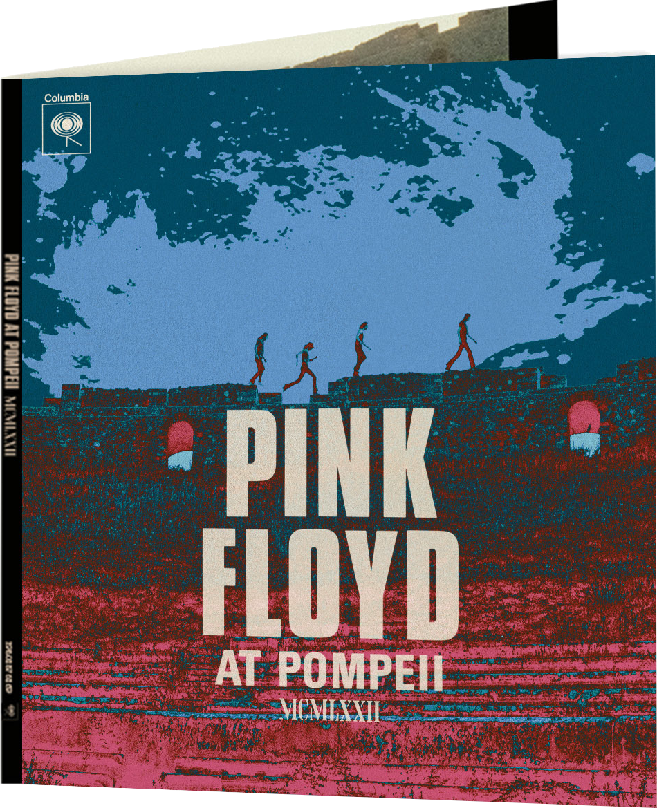 Albumcover von Pink Floyd at Pompeii, mit einer Mauer und vier darauf laufenden Figuren.