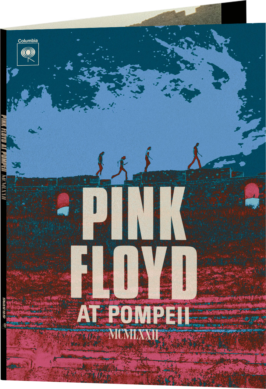 Albumcover von Pink Floyd in Pompeji, mit Bandmitgliedern, die auf einer Mauer gehen.