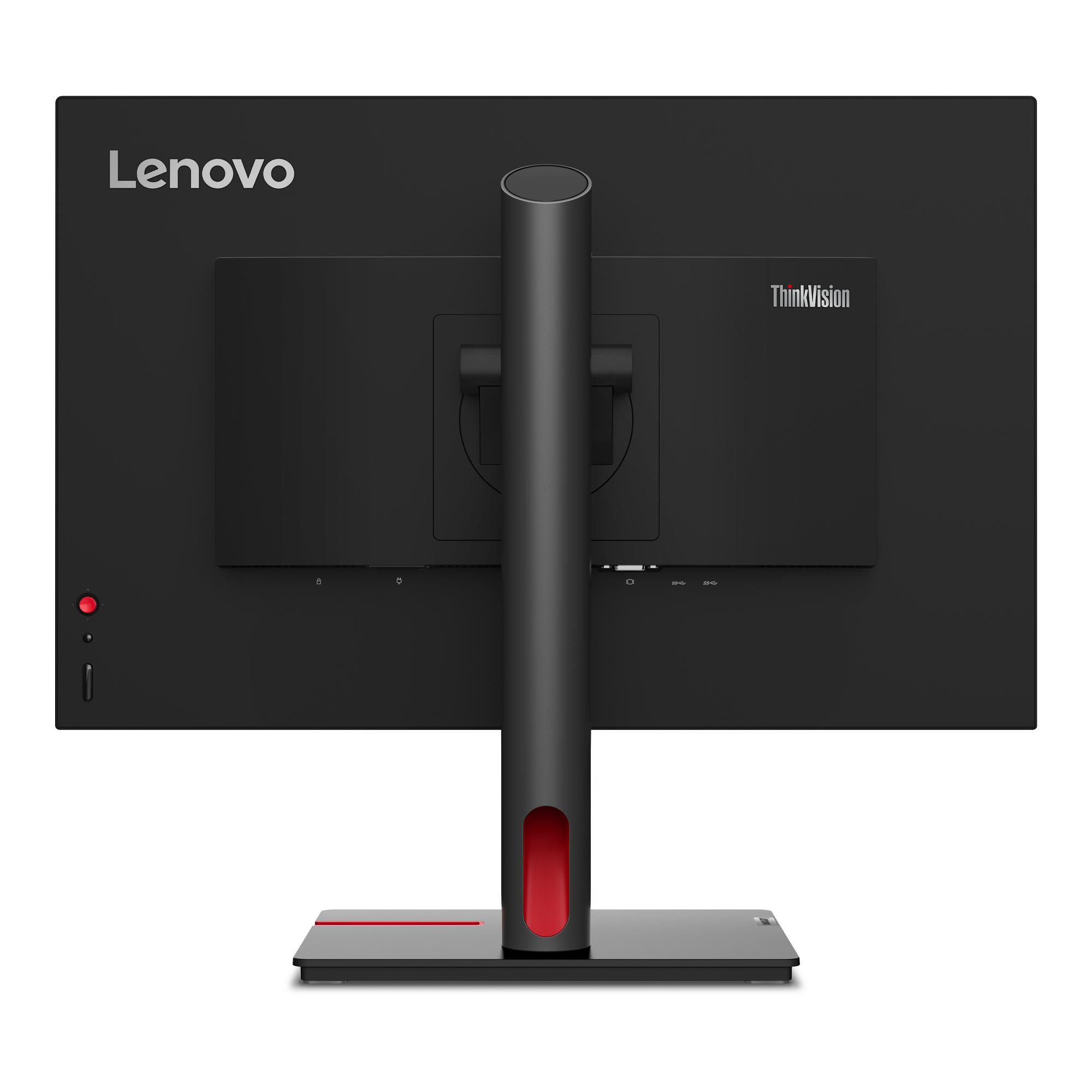 Rückseite eines schwarzen Lenovo-Monitors mit Ständer und roten Akzenten.