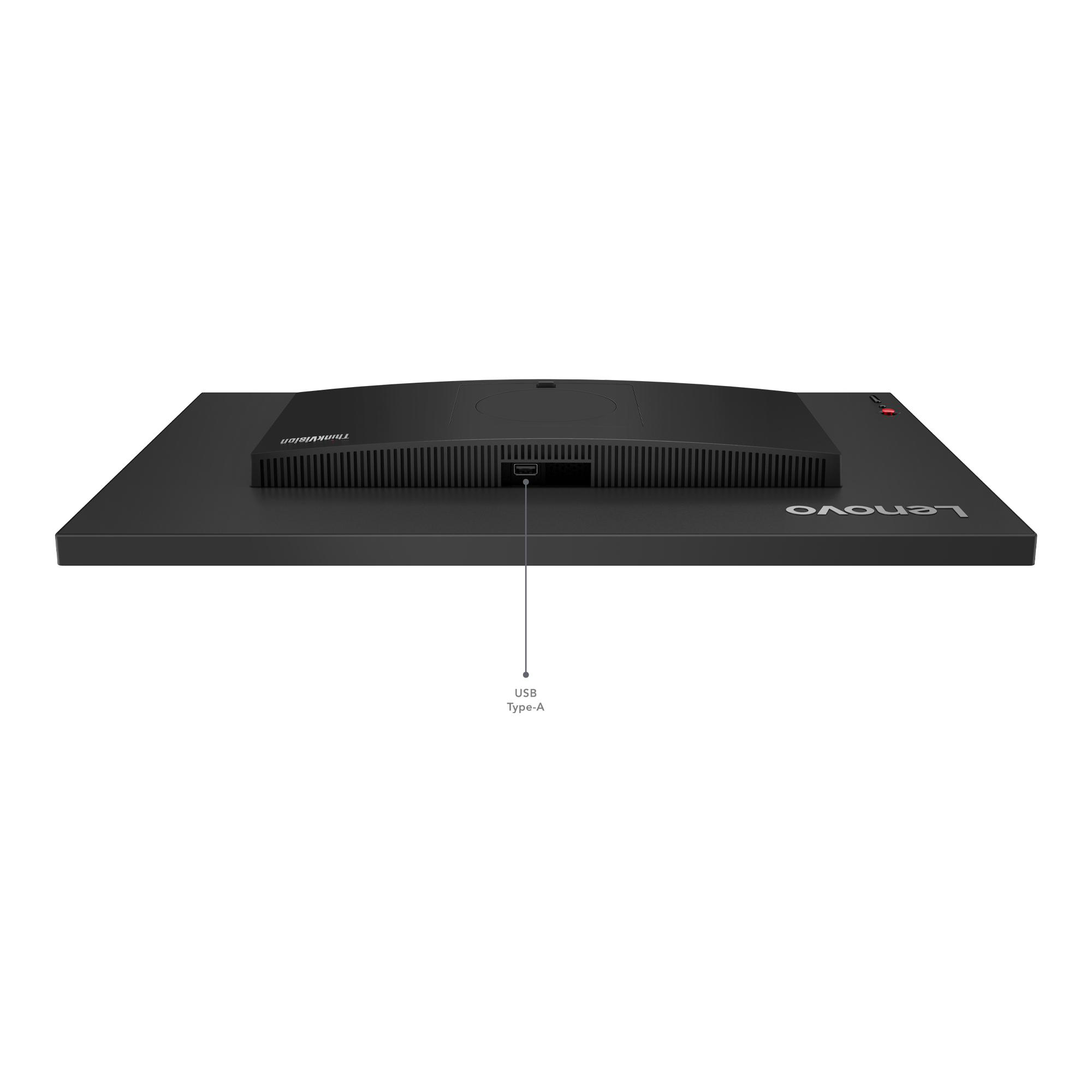 Die Oberseite eines schwarzen Monitors, mit einem USB-Anschluss und dem Lenovo-Logo.