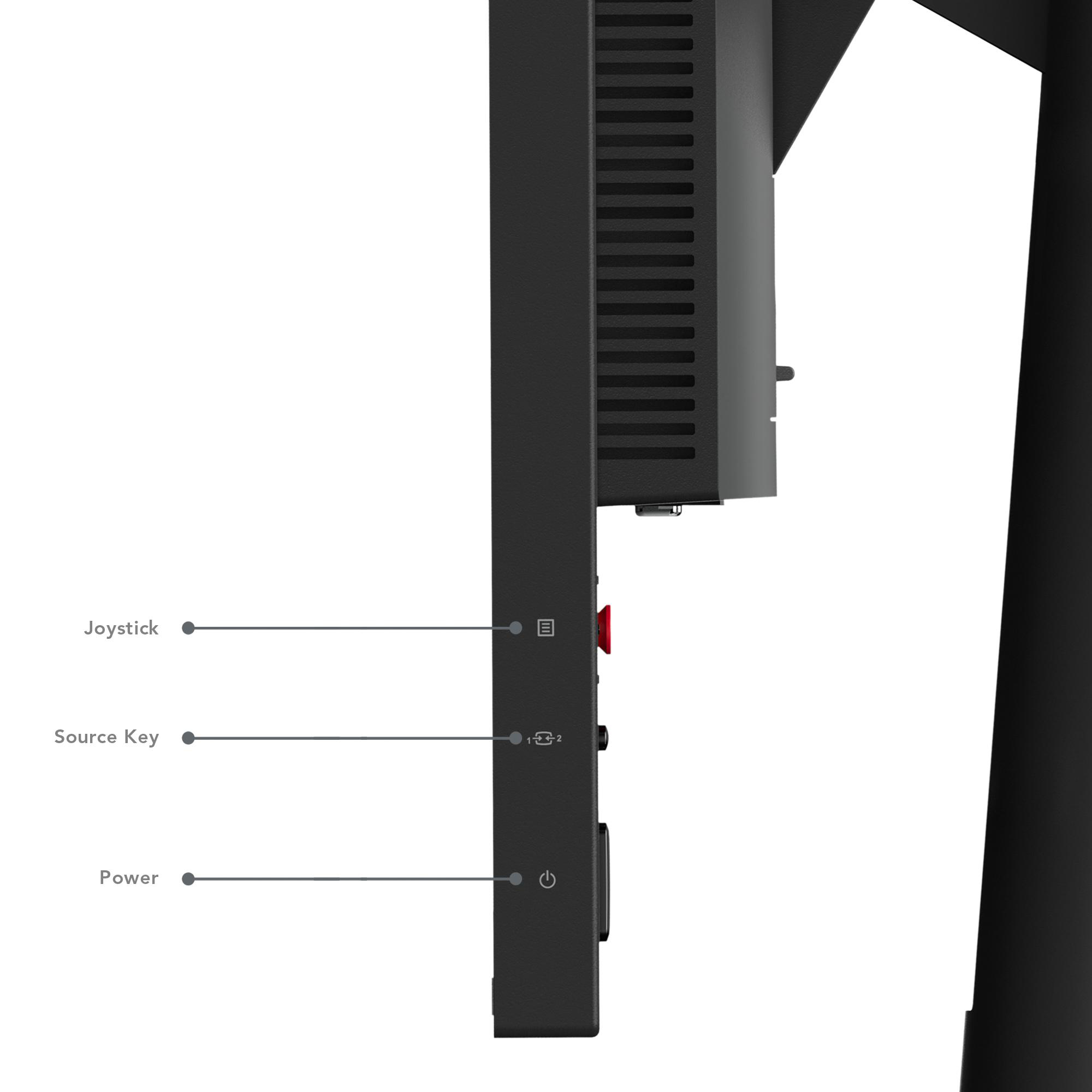 Seitenansicht eines schwarzen Monitors mit Joystick, Quelltaste und Ein-/Aus-Taste.