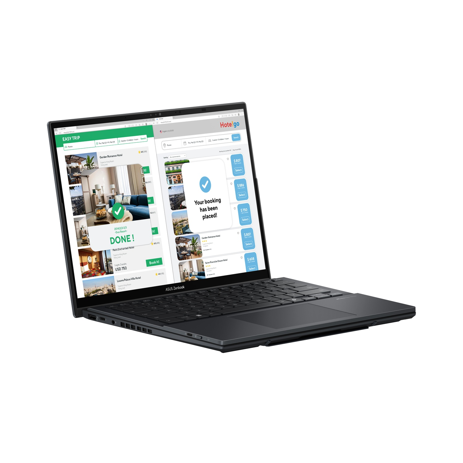 Een donkere laptop met een website op het scherm staat open op een witte achtergrond.