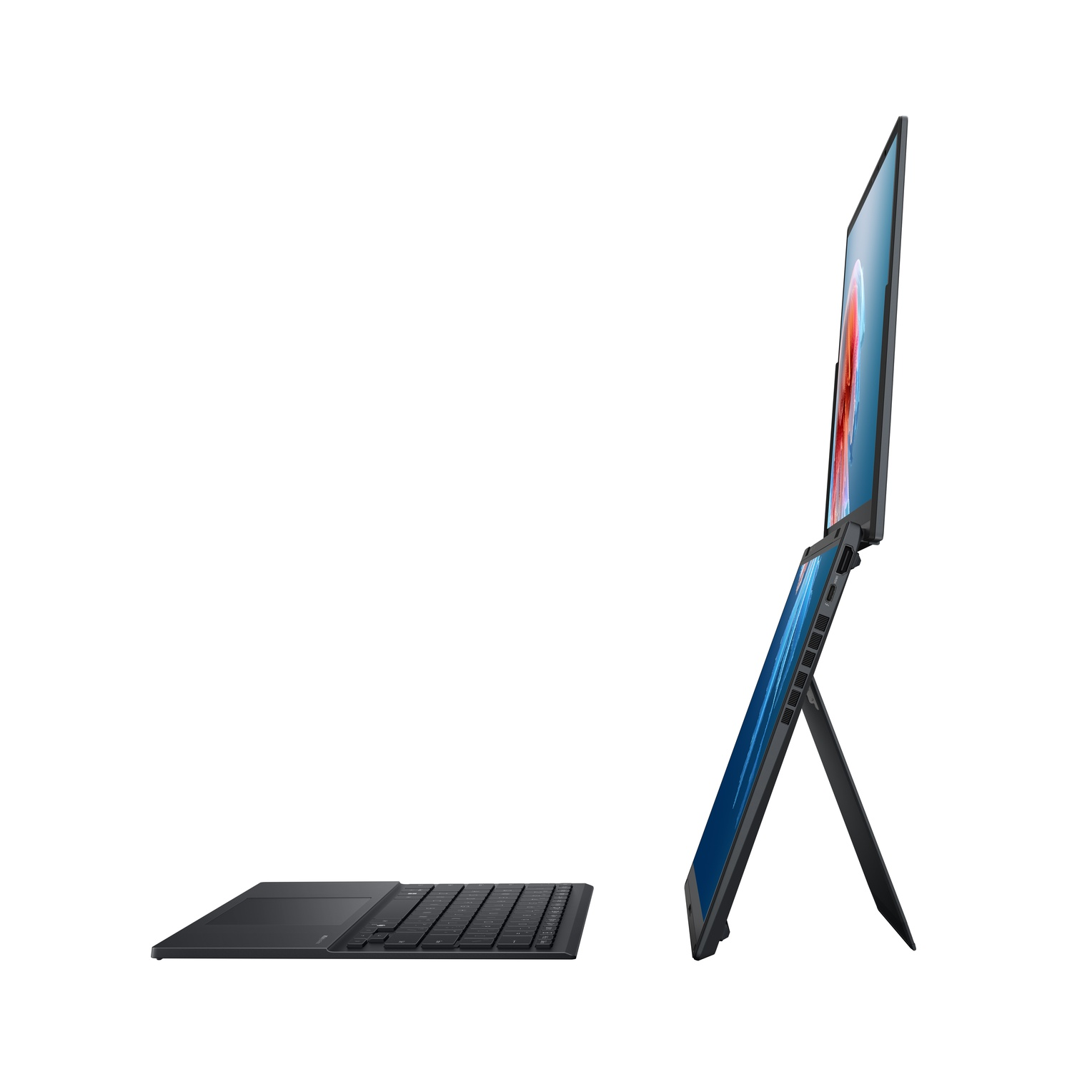 Zwarte laptop met toetsenbord en standaard, zijaanzicht, tegen een witte achtergrond.