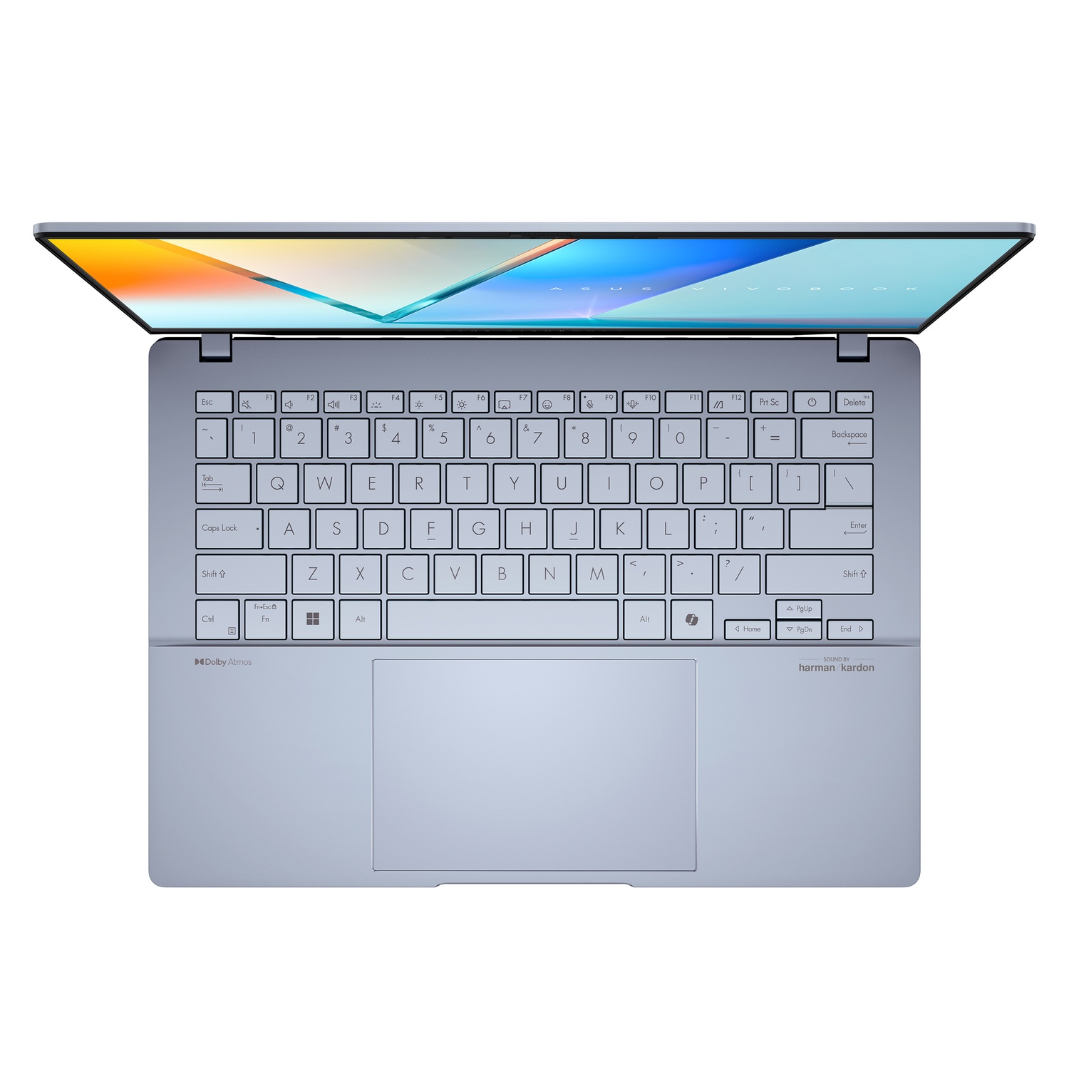 Ordinateur portable avec écran ouvert, clavier visible avec touches blanches.
