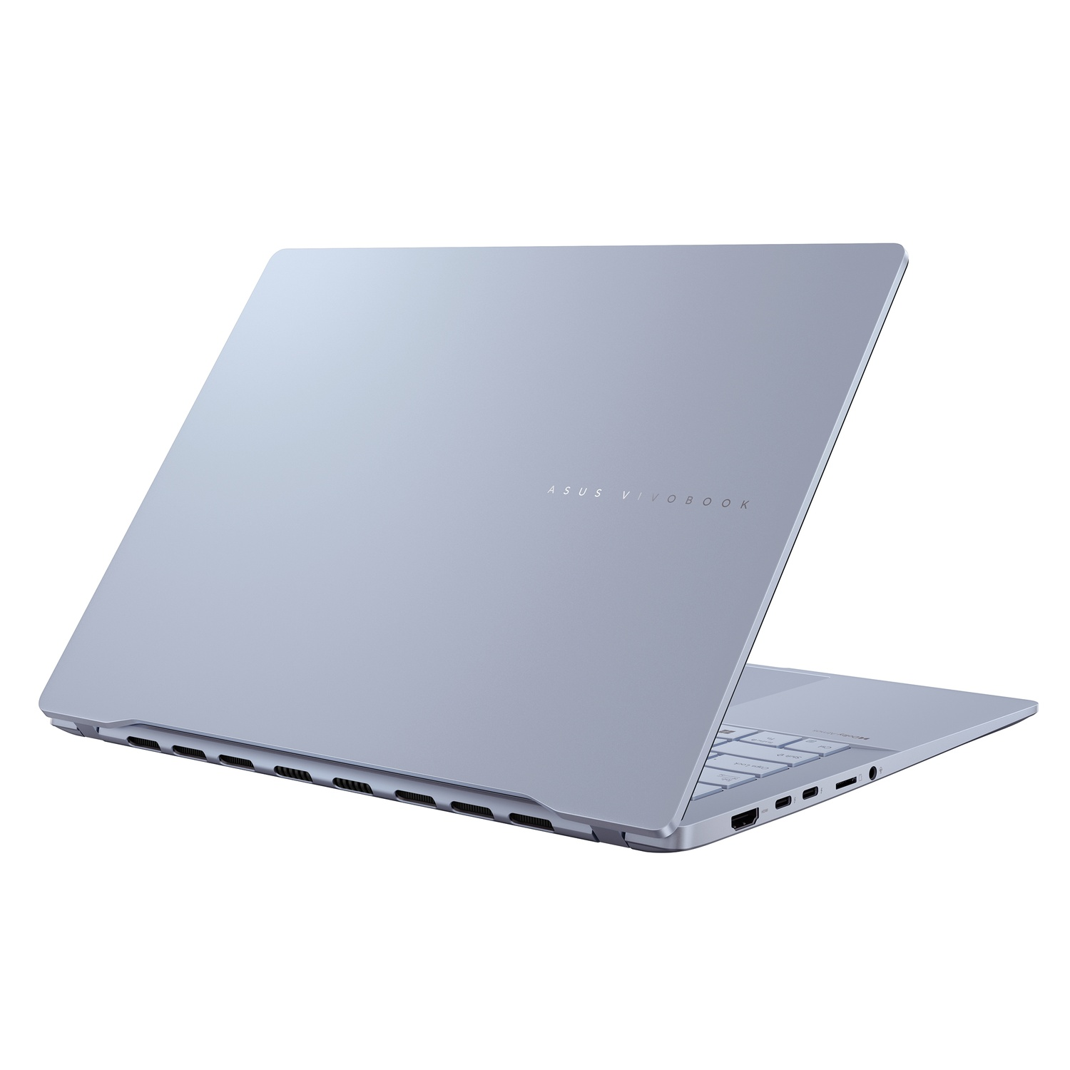 Ordinateur portable bleu clair, légèrement ouvert. ASUS Vivobook sur le couvercle. Ports à l'arrière.