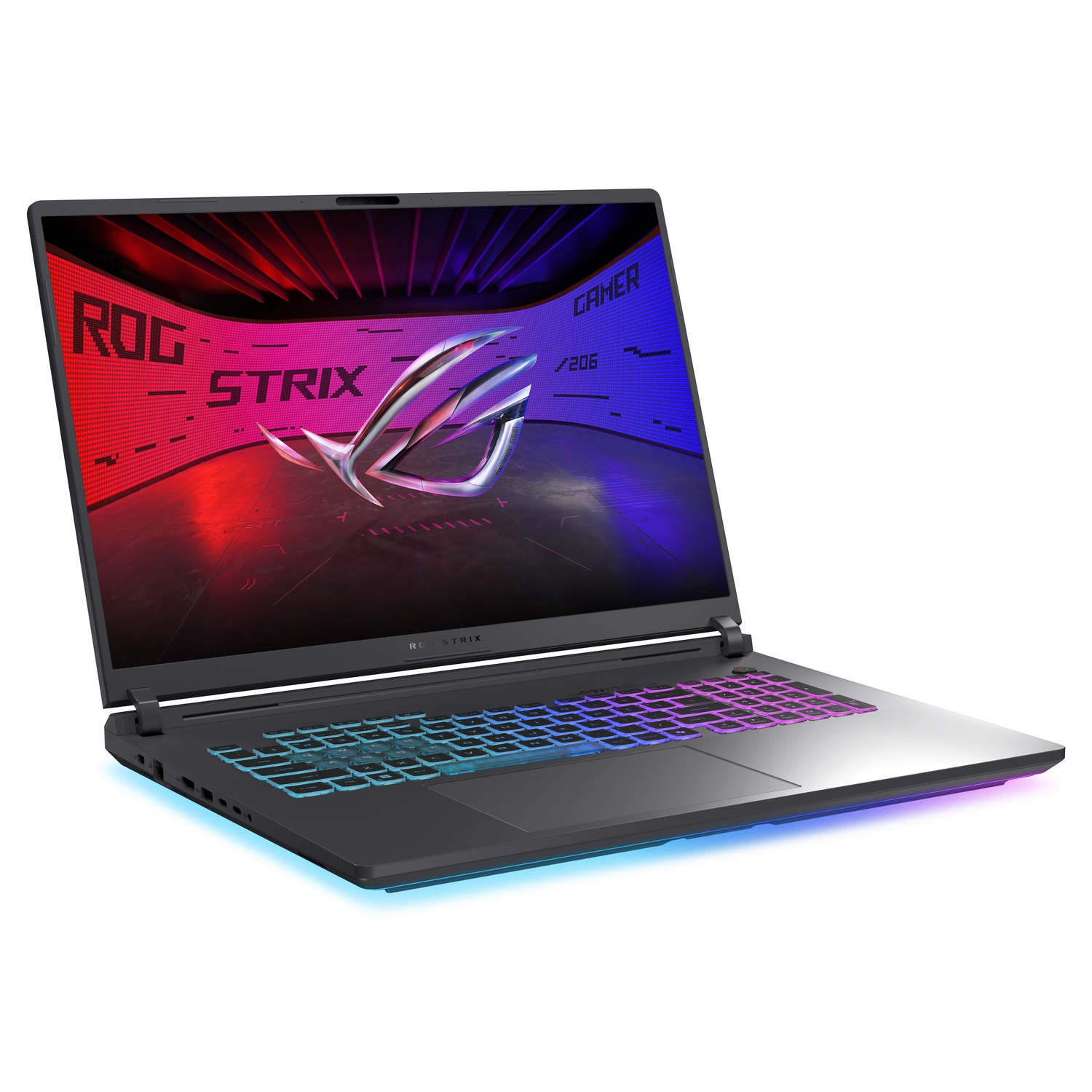 Zwarte ROG Strix laptop, open, met schermweergave.